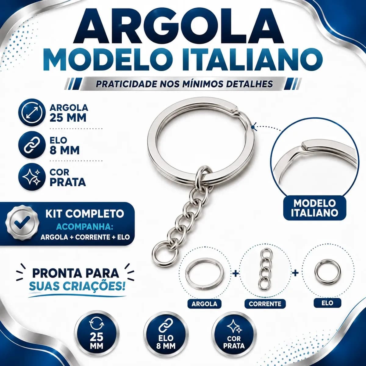 Kit 100 Argolas Italianas Para Chaveiro 25mm Com Corrente E Elo 8mm Prata Addiesdive — imagem 3