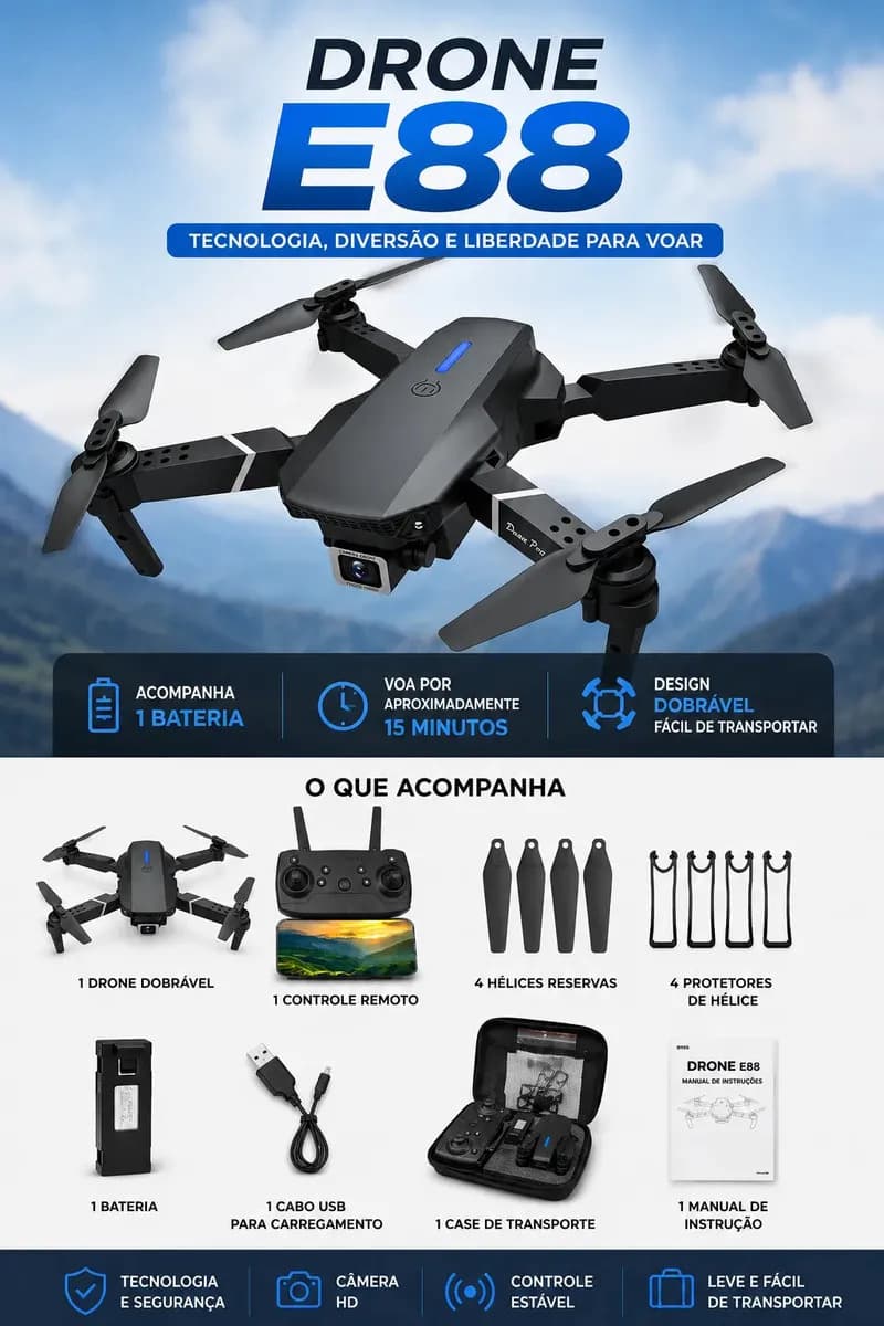 Drone E88 Com Câmera Wifi Com Case 1 Baterias + Controle Remoto Drone Preto Profssional — imagem 2