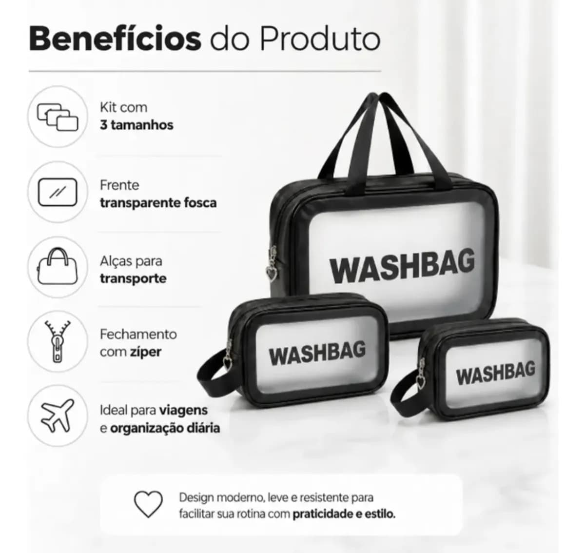 Kit Necessáires Feminina Maquiagem Cosméticos Viagem Praia Camping Cor Preto Desenho Do Tecido Lisa Liso — imagem 2