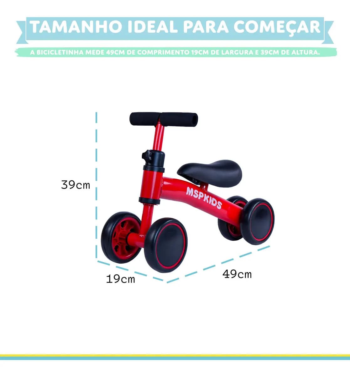 Bicicleta Bebê 4 Rodas Sem Pedal MSP Kids Vermelha, Bicicleta de Equilíbrio Infantil com 4 Rodas Largas, Estrutura em Aço Carbono, Manoplas Antiderrapantes e Gu — imagem 2