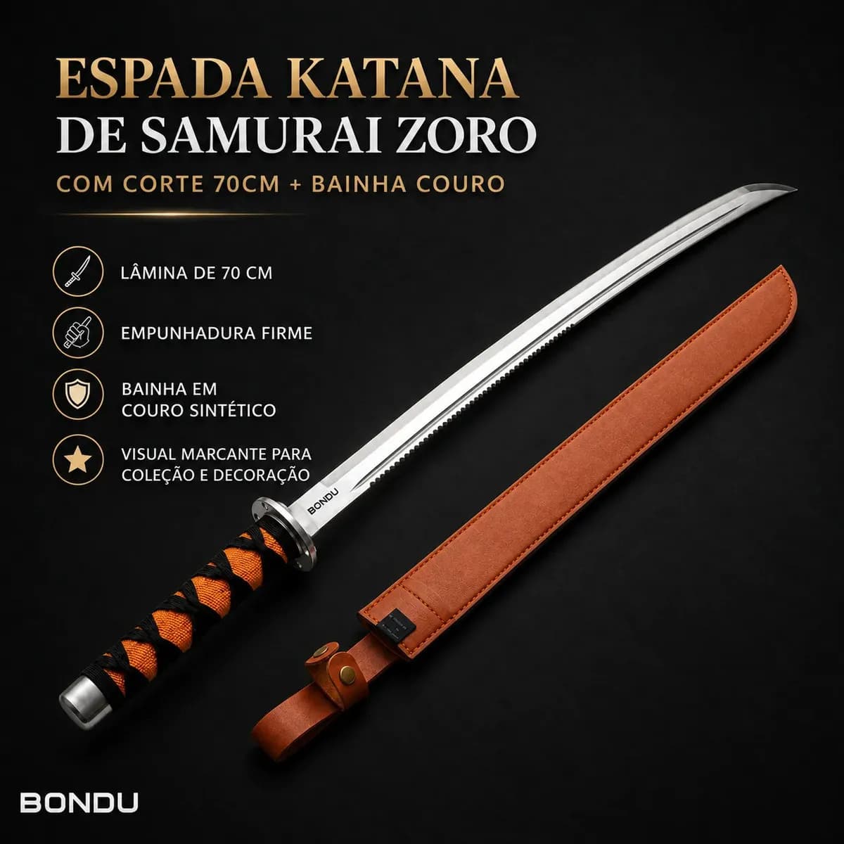 Espada Katana Samurai Full Tang 70cm Zoro Aço Inox Com Fio Corte + Bainha Couro — imagem 4