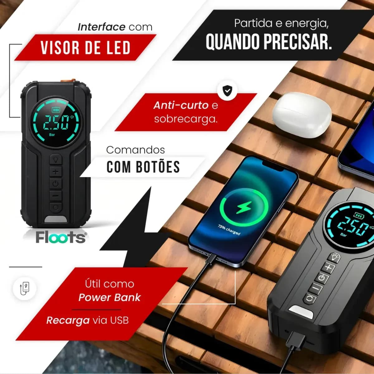 Auxiliar de Partida Carregador Bateria Com Compressor de Ar Emergência Portátil Veicular Floots Automotivo — imagem 3