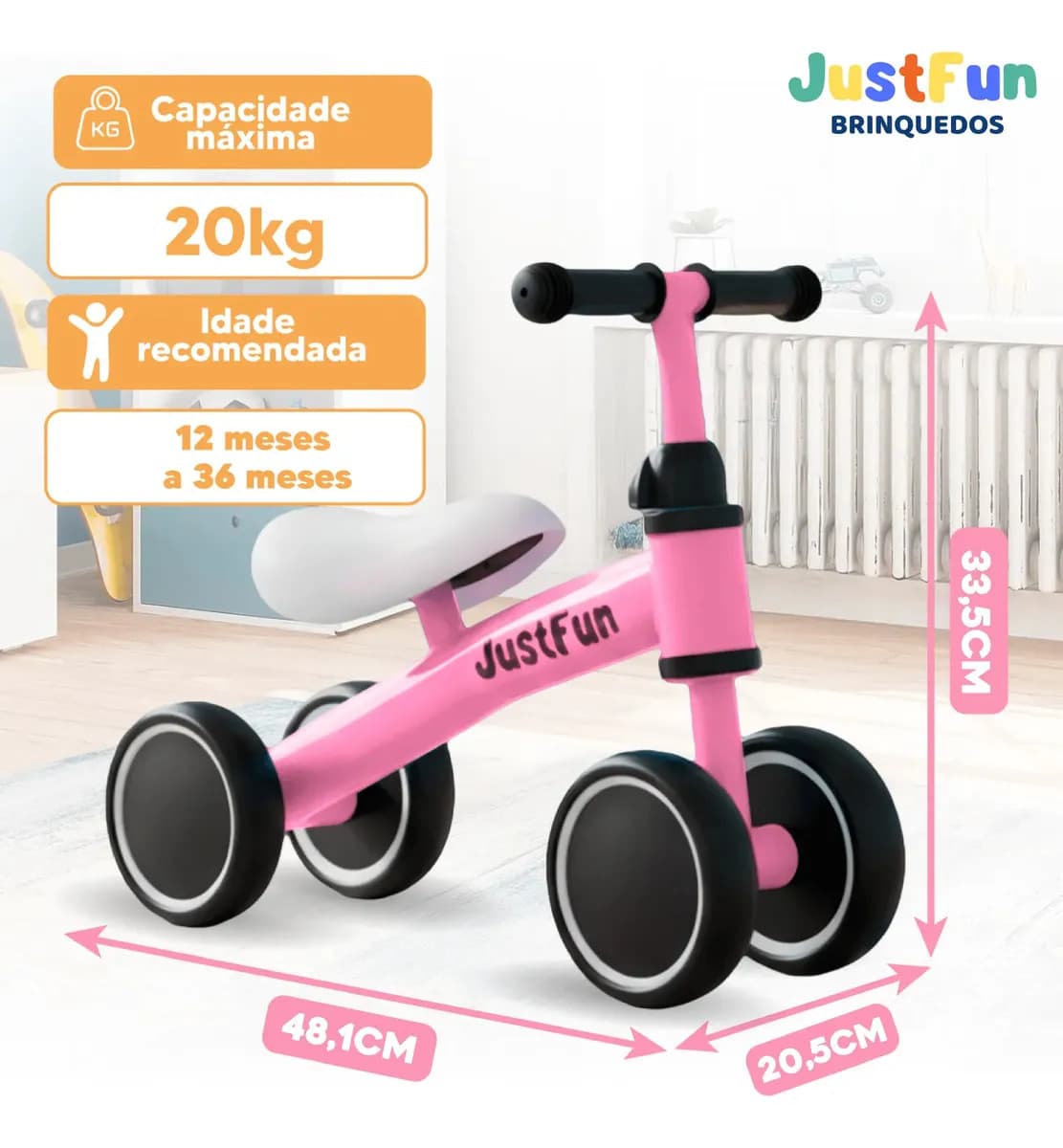 Bicicleta De Equilíbrio Bike Infantil Sem Pedal JustFun Brinquedos Cor Rosa — imagem 3