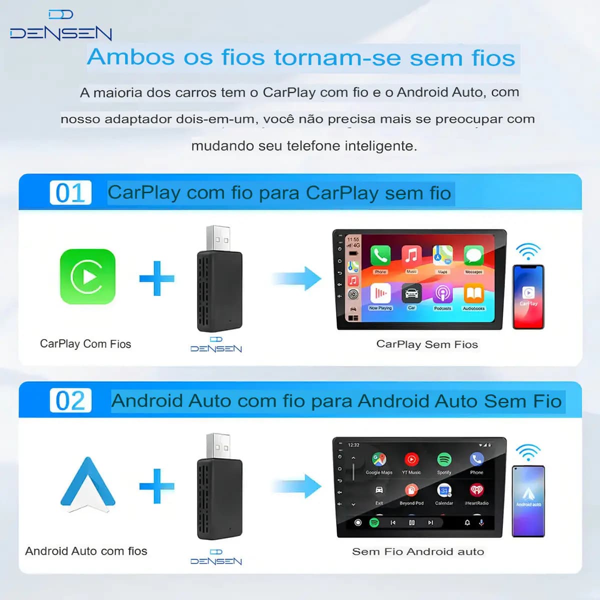 D Densen Carplay Adaptador Sem Fio Car Play Android Auto 2 Em 1 Usb Car Play Wireless Automático — imagem 4