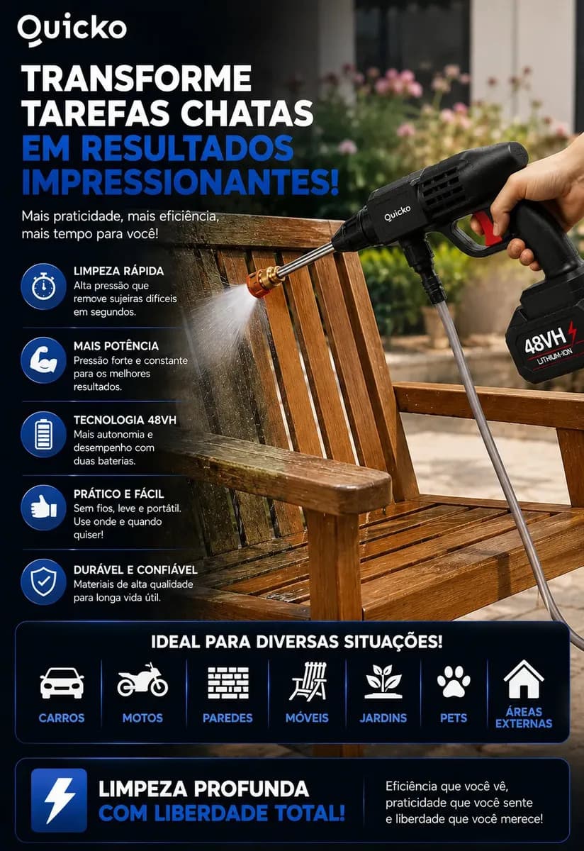Lavadora De Alta Pressão Vap Portátil Sem Fio Bateria Lava Jato Elétrica Recarregável P/ Lavar Carro Moto Quintal C/ 2 Baterias Quicko Bico Mangueira Dispenser  — imagem 4