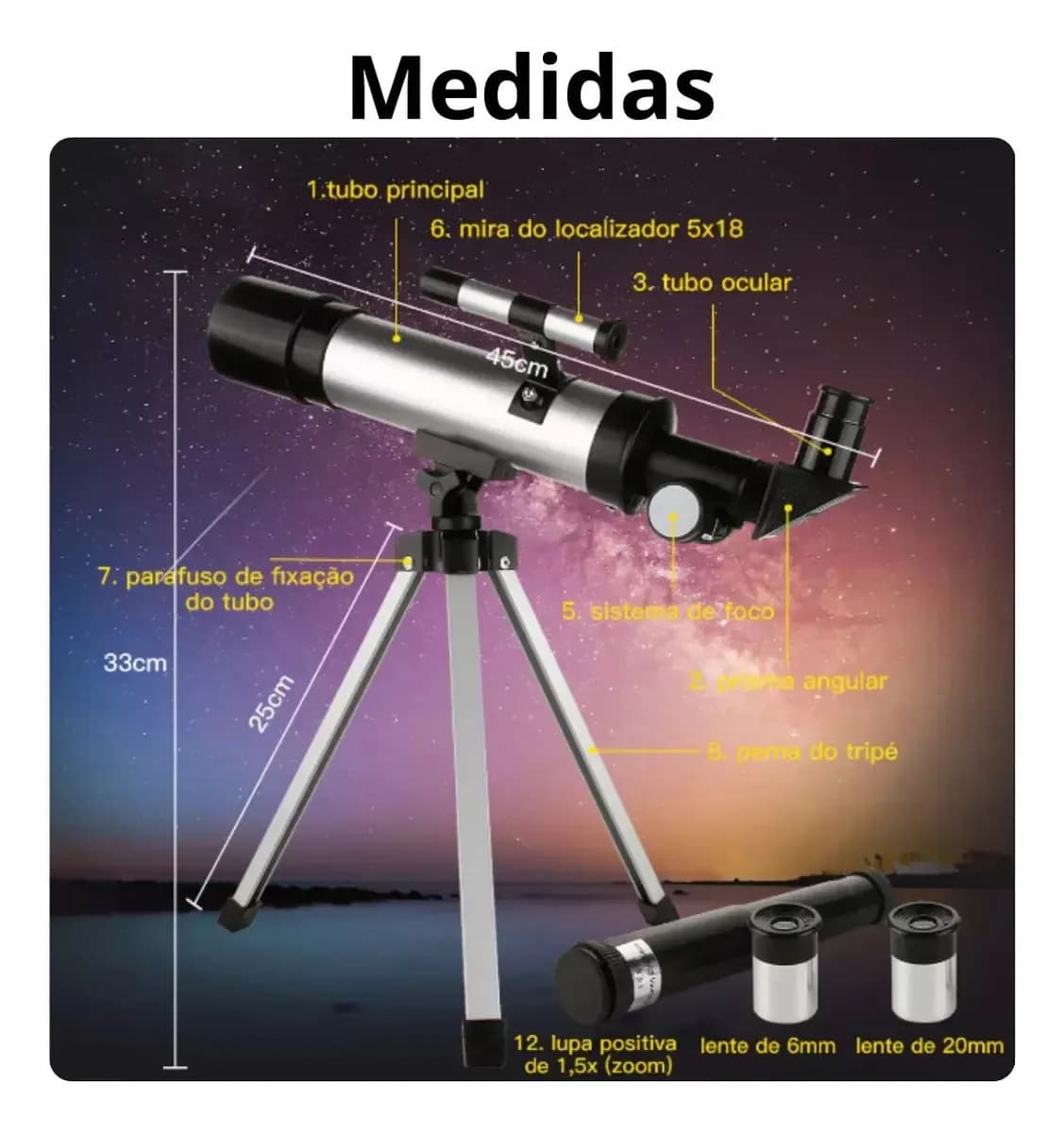 Telescópio Refrator SZR F36050 com Aproximação até 90x e Tripé — imagem 2