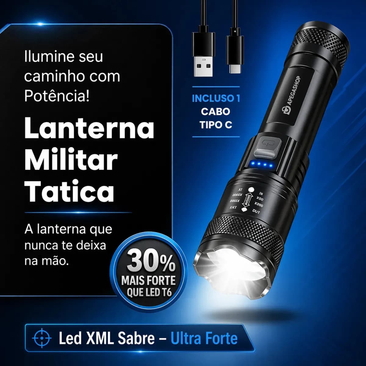 Lanterna Tática Militar Recarregável Led Cree Mais Forte Do Mundo Ultra Potente 1000m Zoom Alto Brilho Sitio Fazenda Apegashop — imagem 2