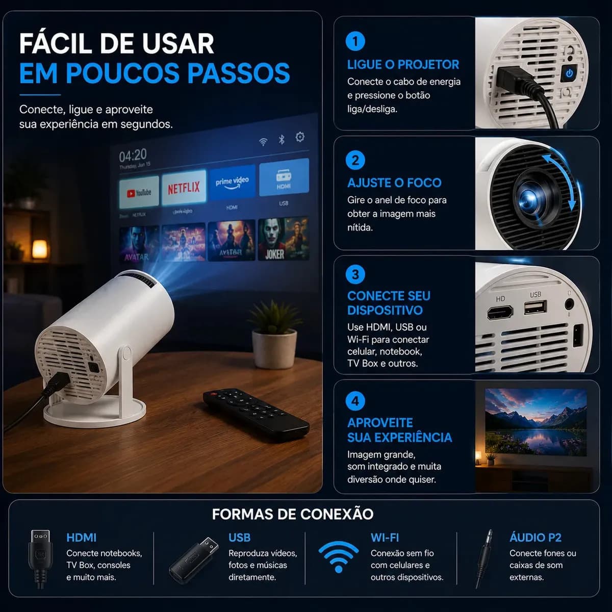 Projetor Portátil HY300 Mini 4K Compatível Android 11 Wi-Fi 5G Bluetooth Smart Portátil Rotação 180° Tela Grande para Filmes Séries Jogos Aulas e Apresentações  — imagem 4