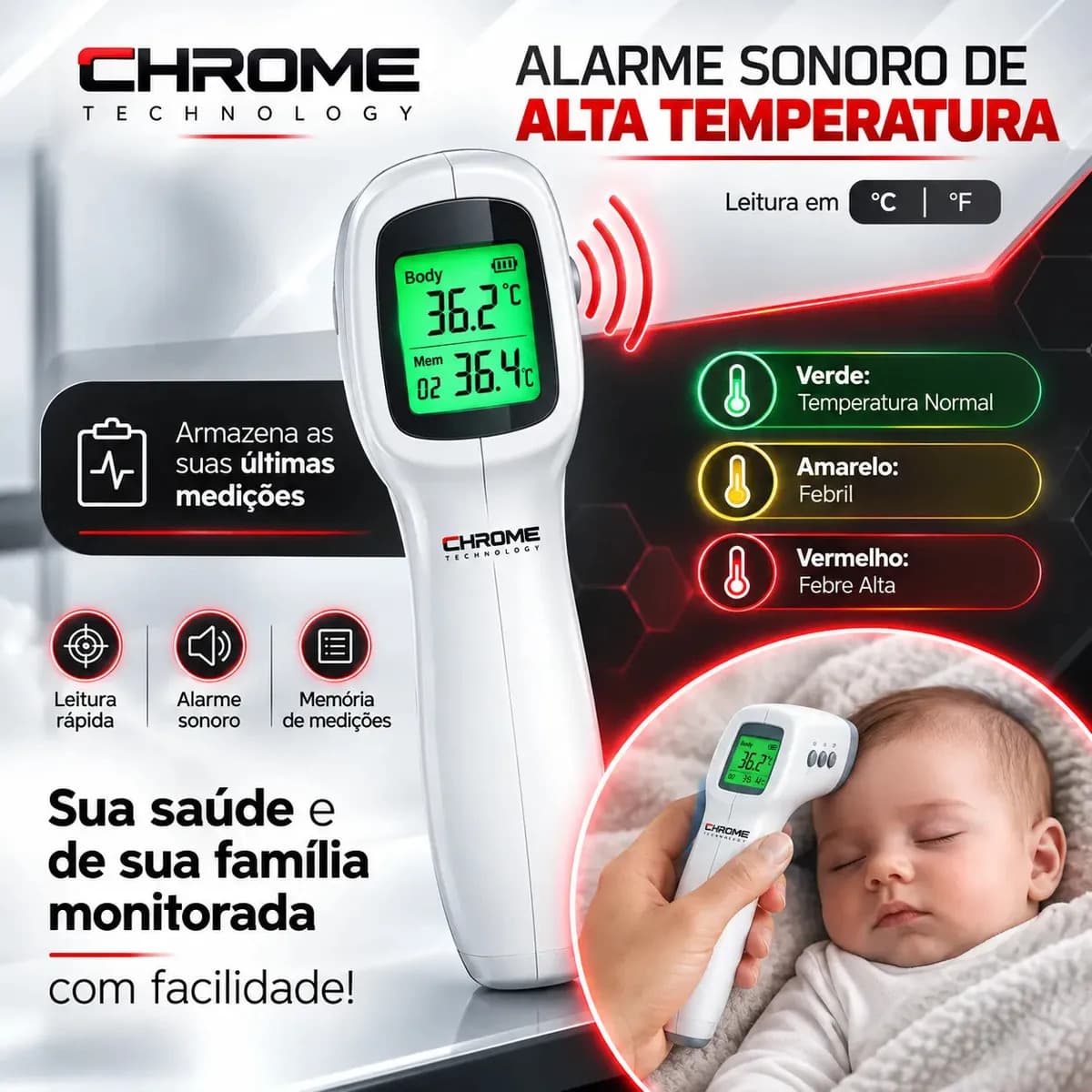 Termômetro Infravermelho Sem Contato Digital Medição Rápida Alta Precisão Display Lcd Memória Alarme Sensor Chrome Technology — imagem 5