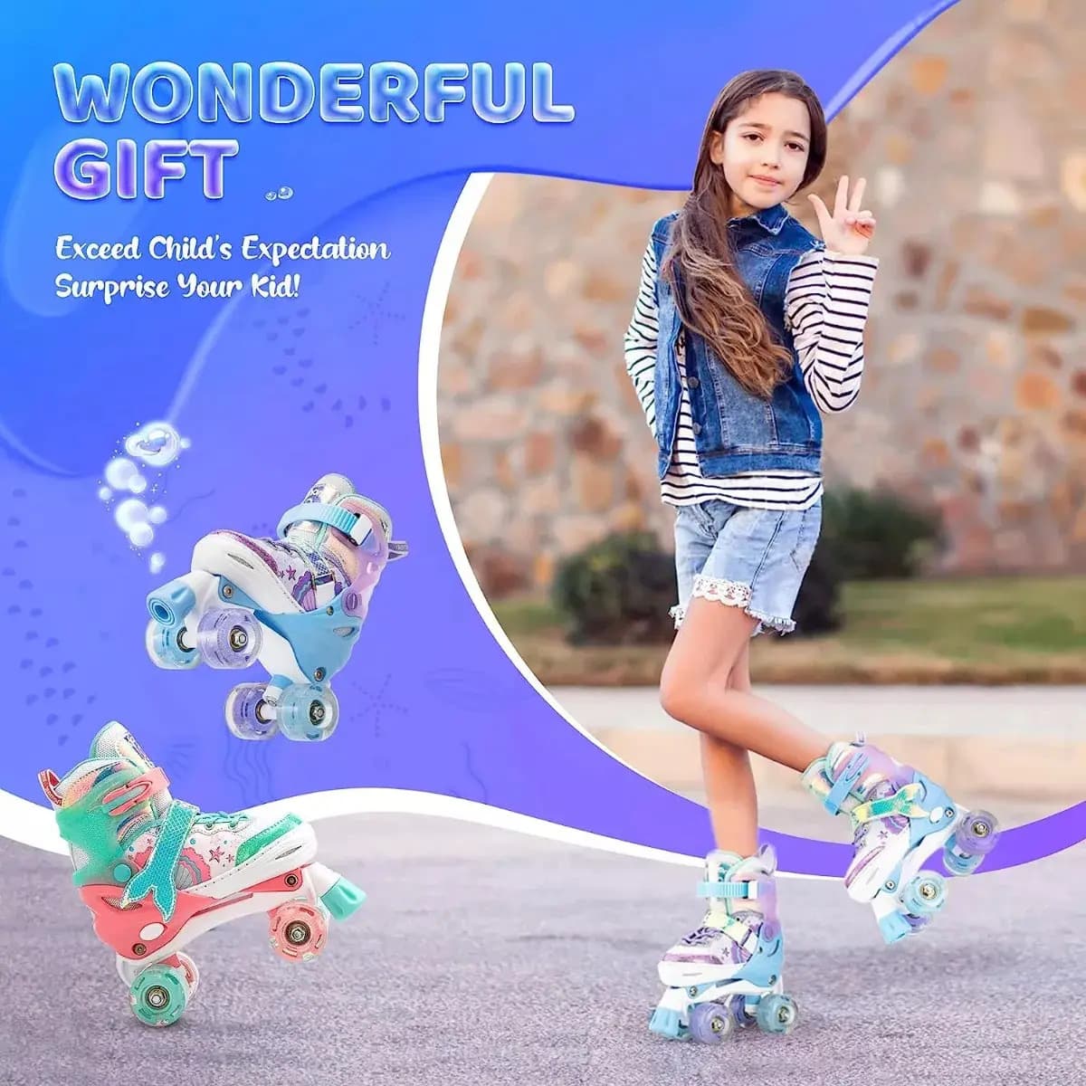 Patins 4 Rodas Bamwei Infantil Ajustável, Com Luzes de Led e Estampa de Sereia — imagem 3