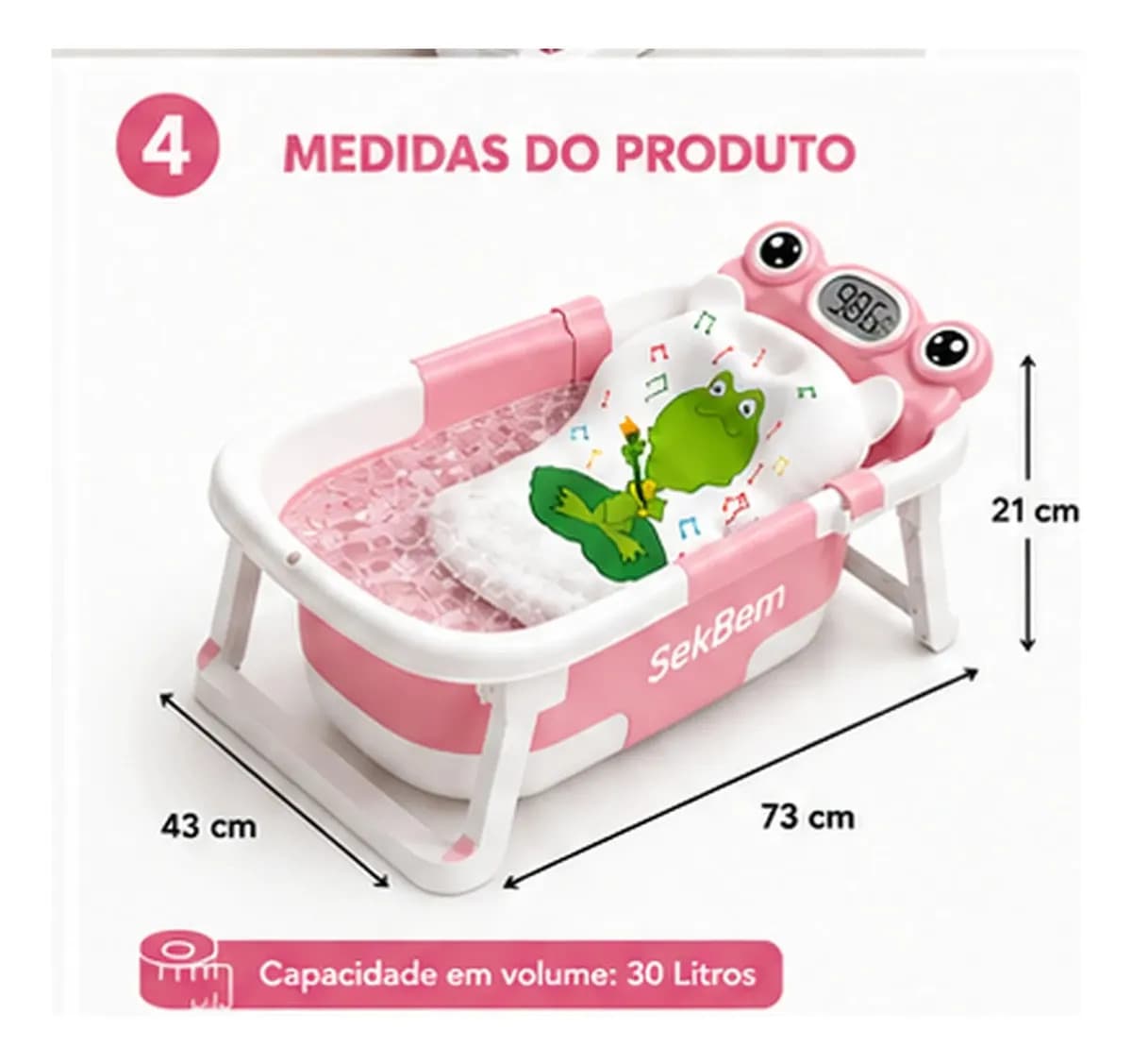 Banheira Bebê Dobrável Flexível Com Termômetro E Almofada de Banho Cor Rosa — imagem 4