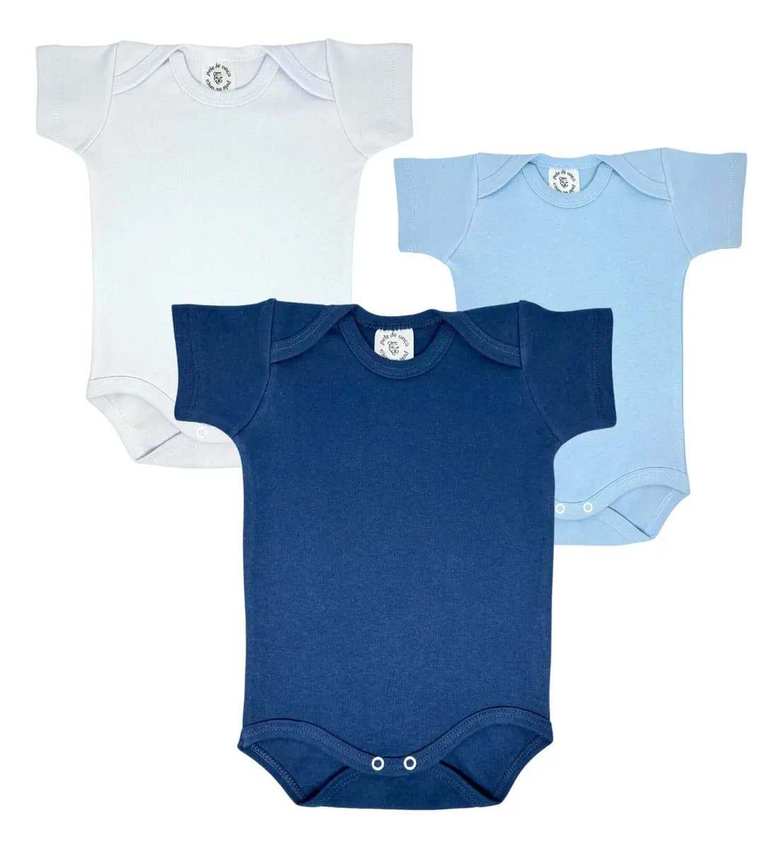 Kit 3 Bodys Bebê Liso Manga Curta 100% Algodão Menina Menino Cor Azul-marinho Azul-claro E Branco Tamanho G