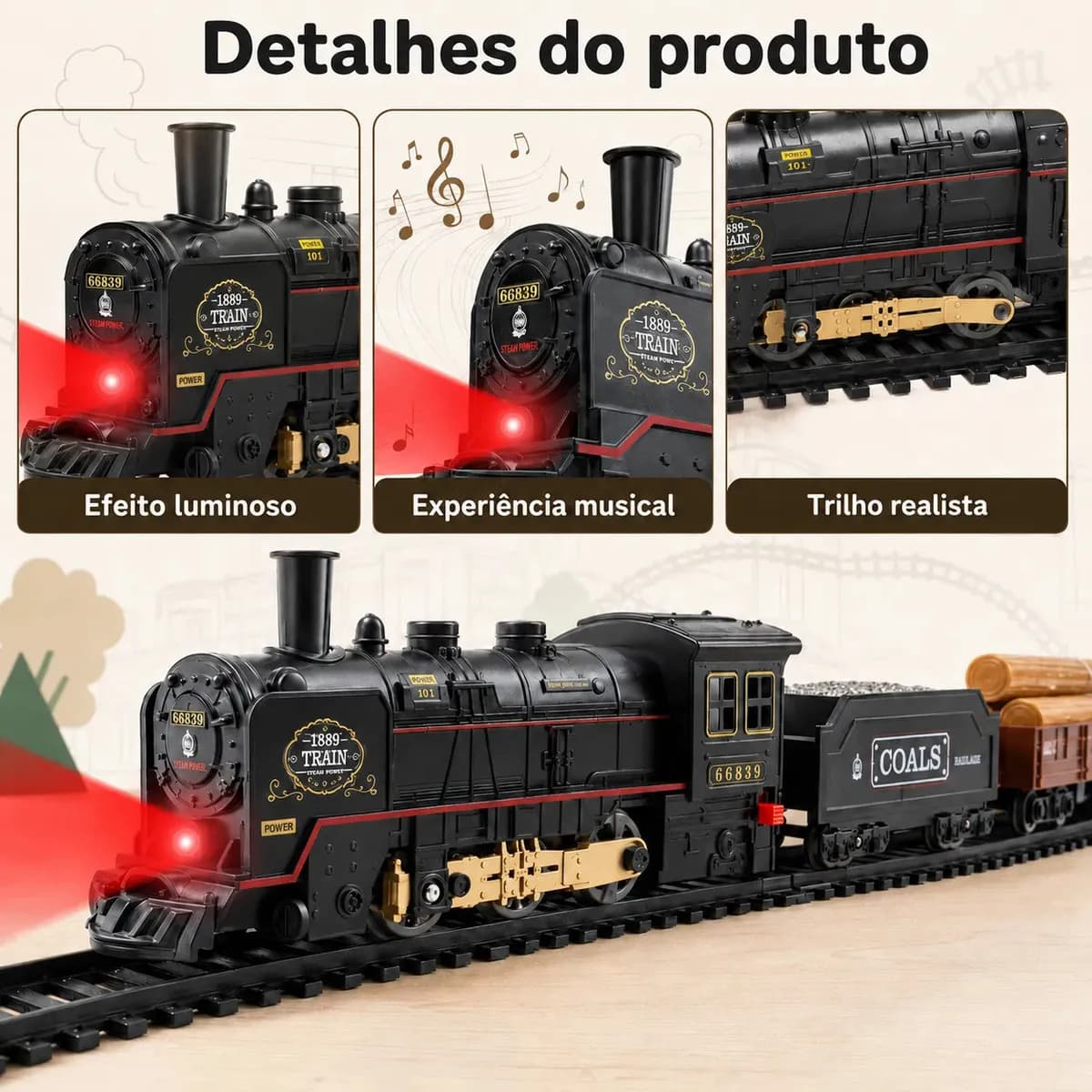 MoveBrinca Trem Elétrico Vintage Com Locomotiva A Vapor E 3 Vagões, Luzes E Sons Realistas, Trilhos Fáceis De Montáveis Formando Um Circuito De 103×67cm,Materia — imagem 3