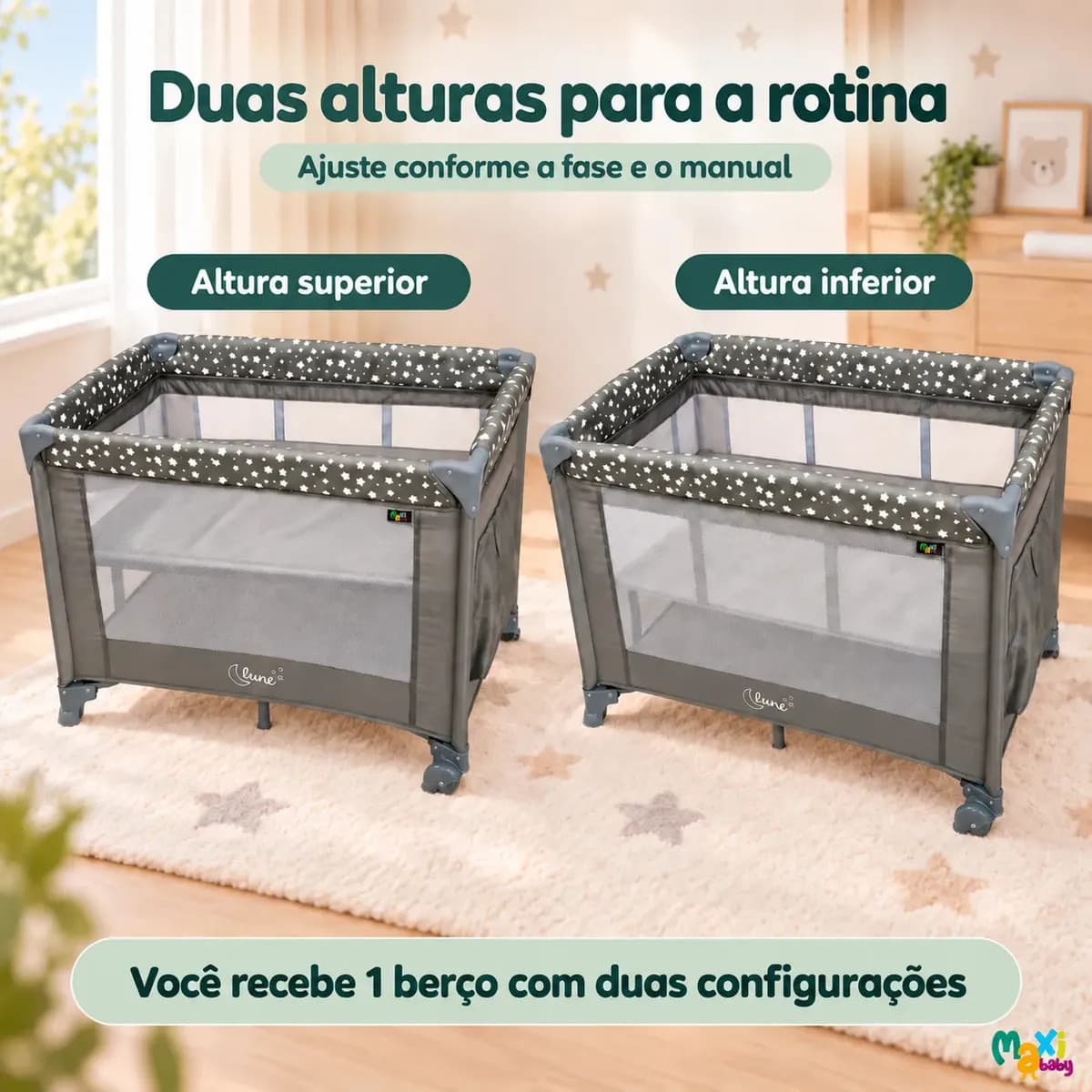 Berço Portátil Infantil Cercado Desmontável Lune Maxi Baby - CINZA — imagem 3