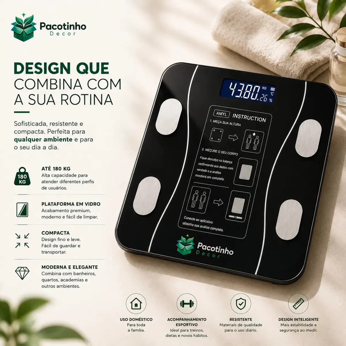 Balança Digital Smart Bioimpedância 180kg Bluetooth IMC Corporal App Android iOS Pacotinho Decor — imagem 5