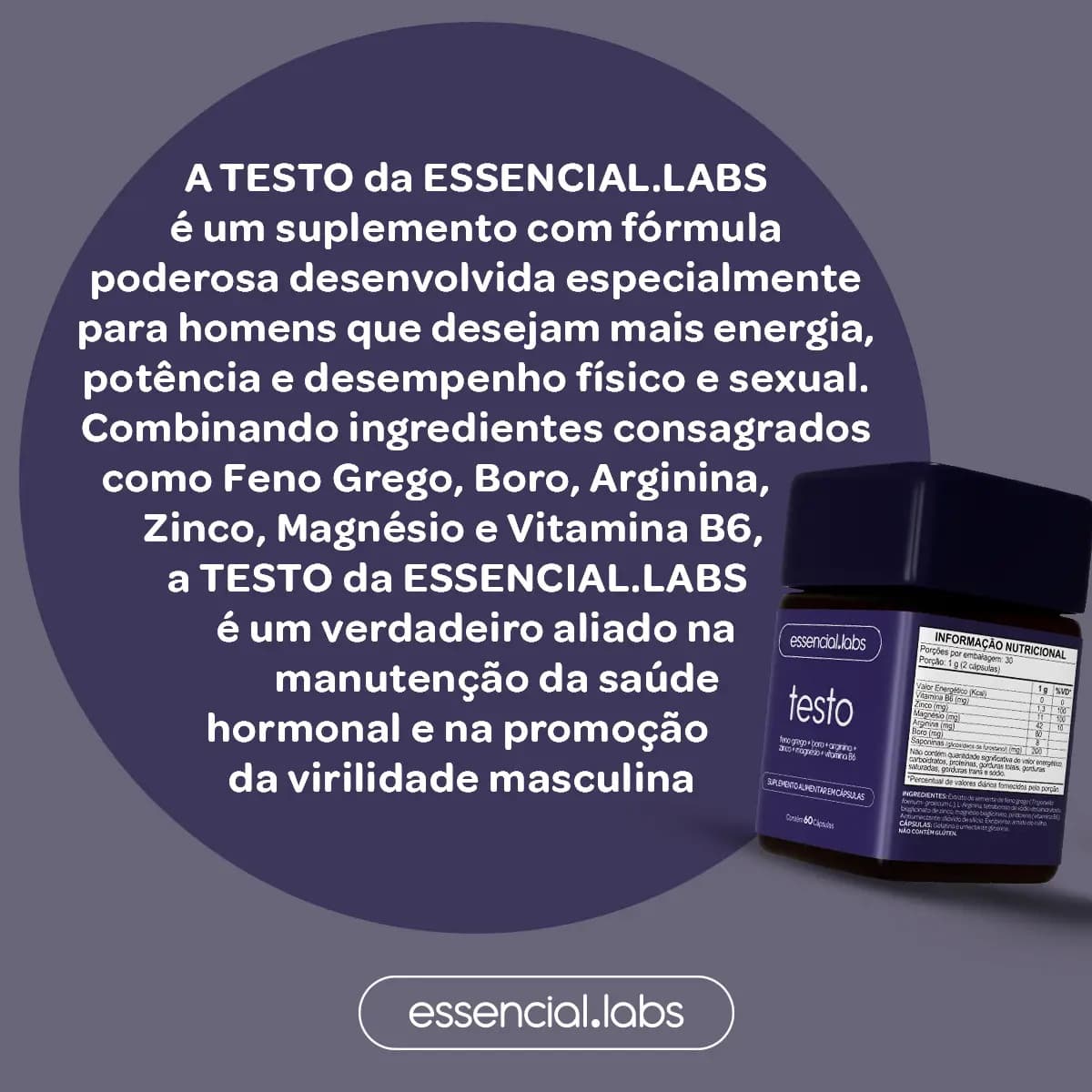 TESTO ESSENCIAL - Fórmula Avançada com Feno Grego, Boro, Arginina, Zinco, Magnésio e Vitamina B6 - 60 Cápsulas — imagem 4
