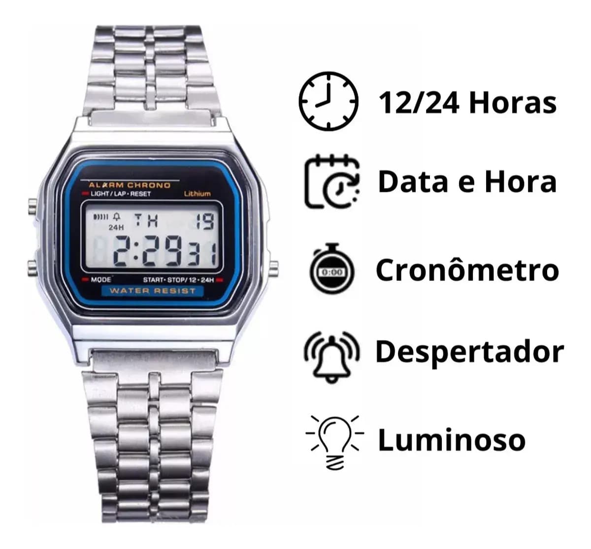 Relógio WR Retrô Digital Aço Inoxidável Vintage Unisex Prata — imagem 2