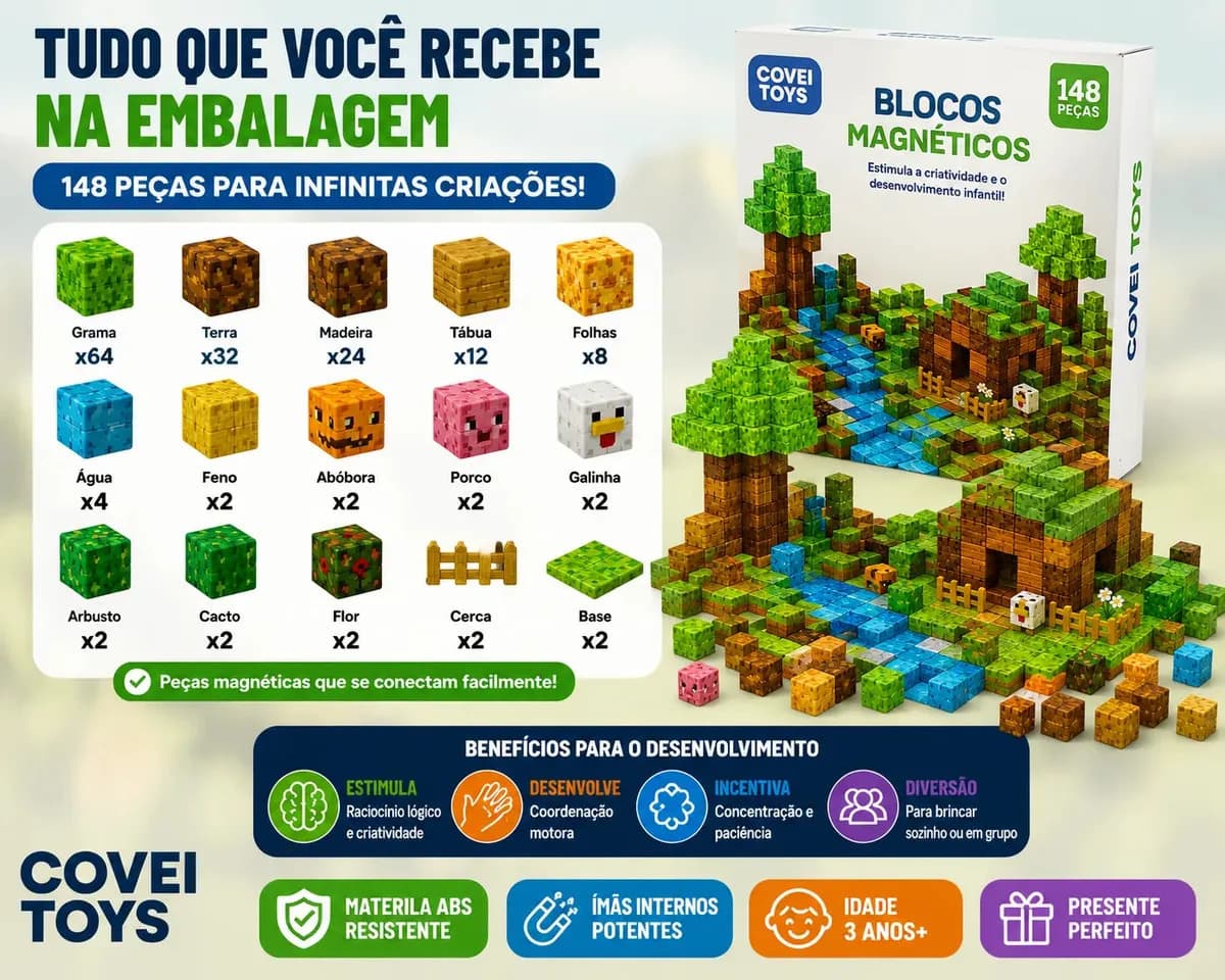 Kit 148 Blocos Imã Magnéticos Construção Montar Empilhamento Cubo Infantil Brinquedo Educativo Covei Toys — imagem 4