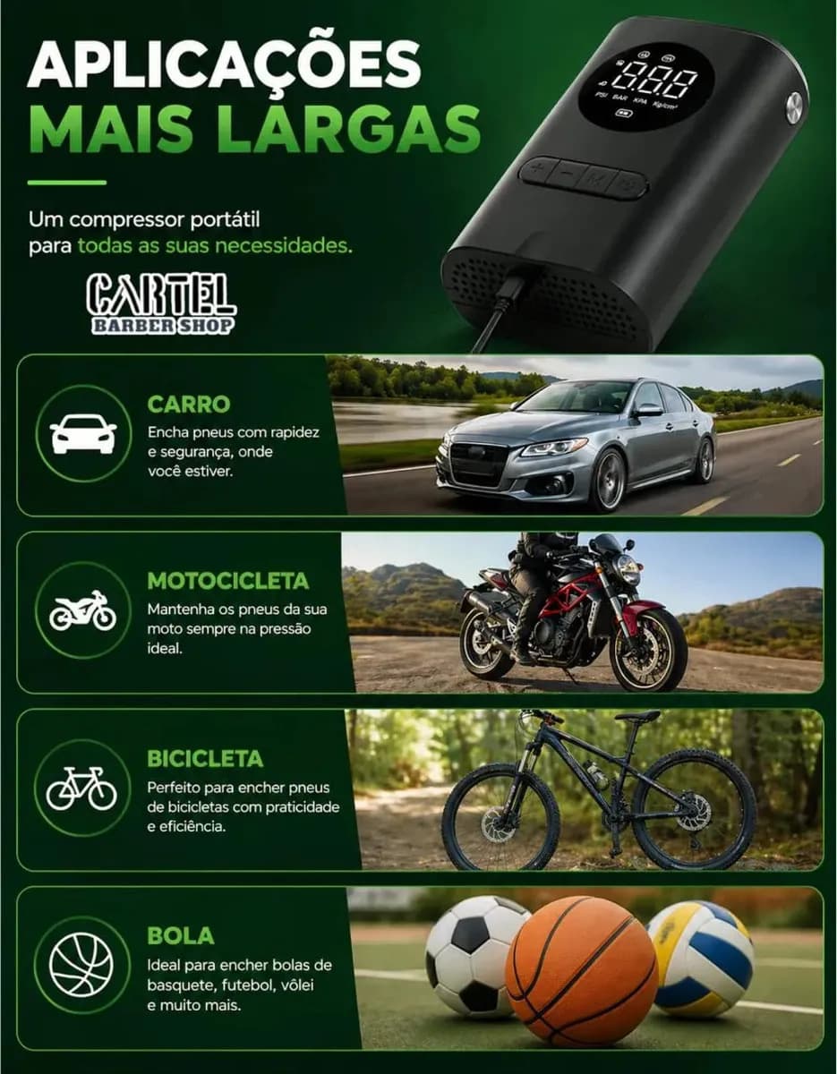 Mini Compressor Digital Portátil Cartel Barber Shop para Carro Moto e Bicicleta com Calibrador Digital Inflador Elétrico de Pneus 12V Display LCD Lanterna LED C — imagem 2