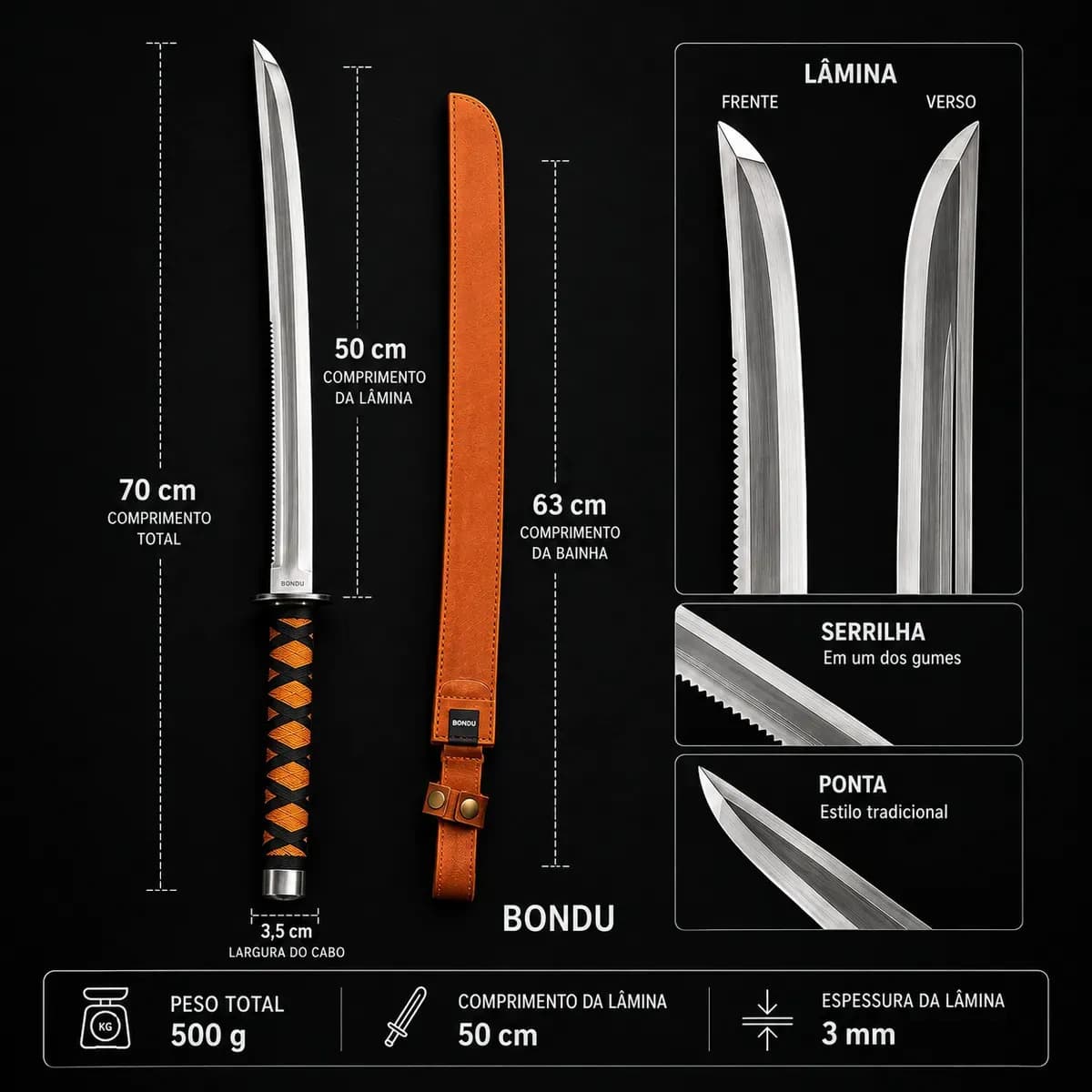 Espada Katana Samurai Full Tang 70cm Zoro Aço Inox Com Fio Corte + Bainha Couro — imagem 2