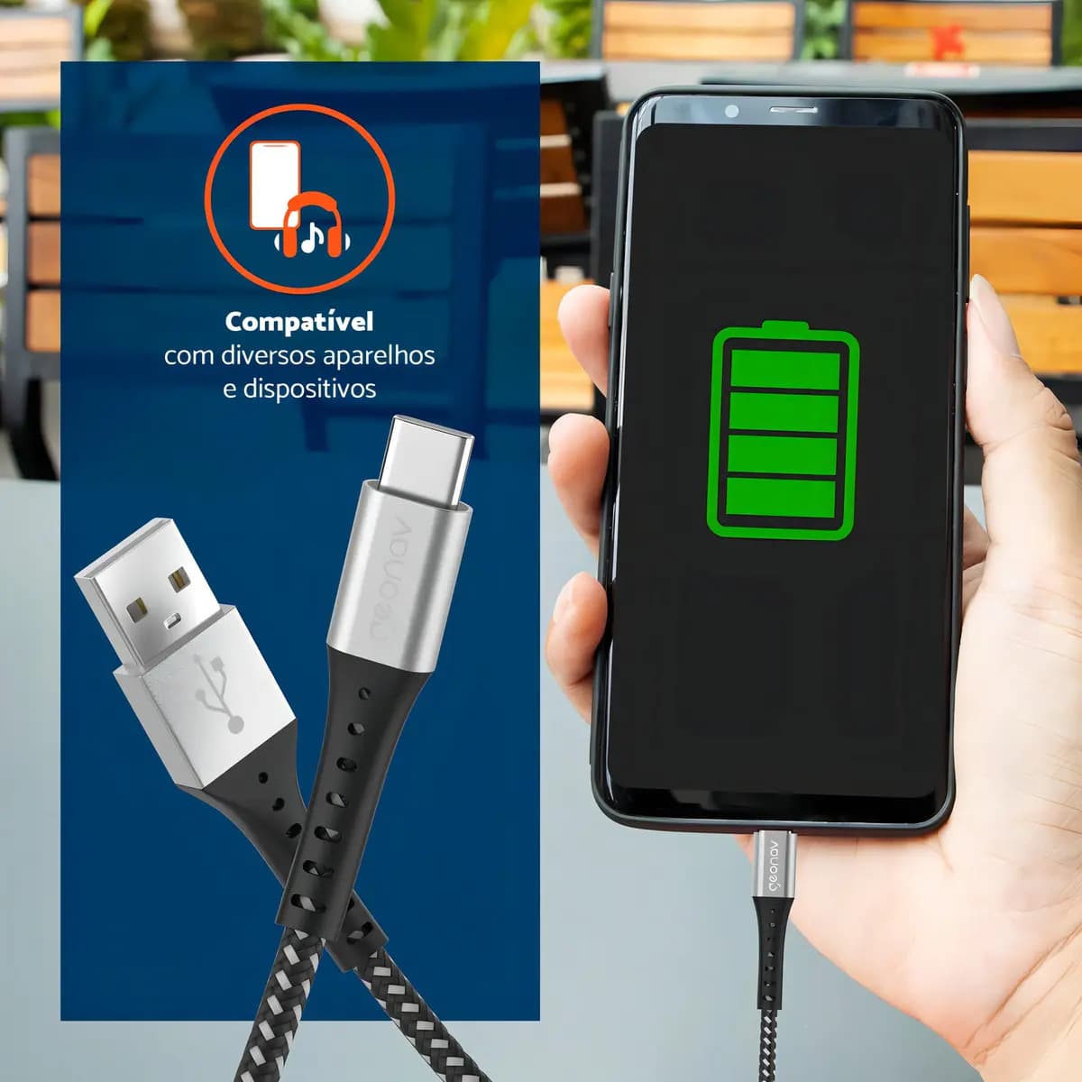 Cabo Usb-a Para Usb-c 1,2m Nylon Trançado Preto Geonav — imagem 3