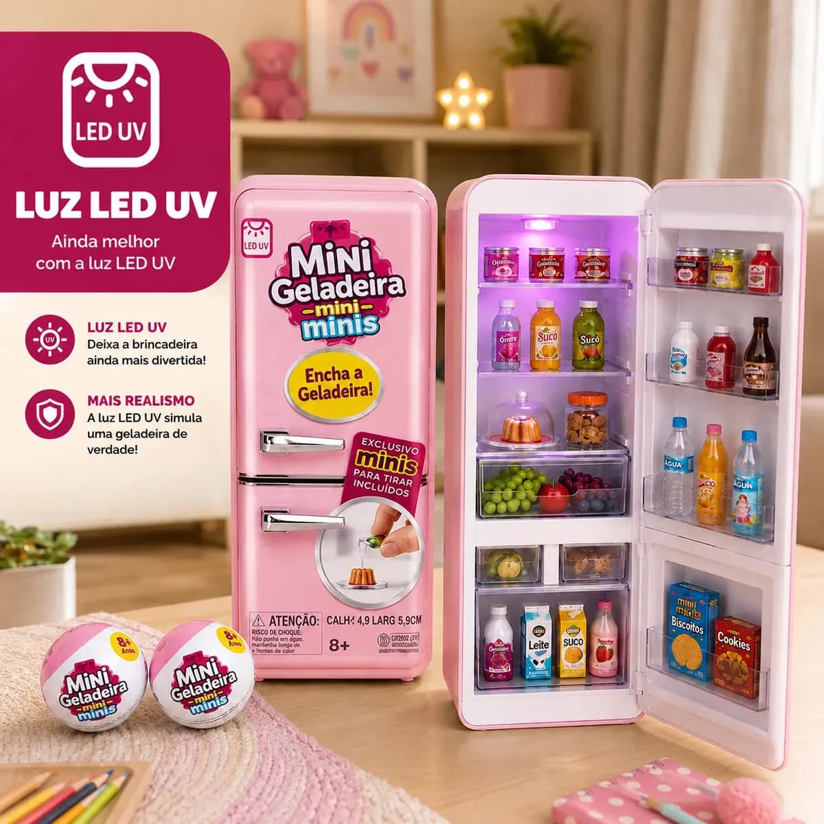 Mini Geladeira de Brinquedo Epsilon Rosa com Luz LED e 2 Cápsulas Surpresa — imagem 2