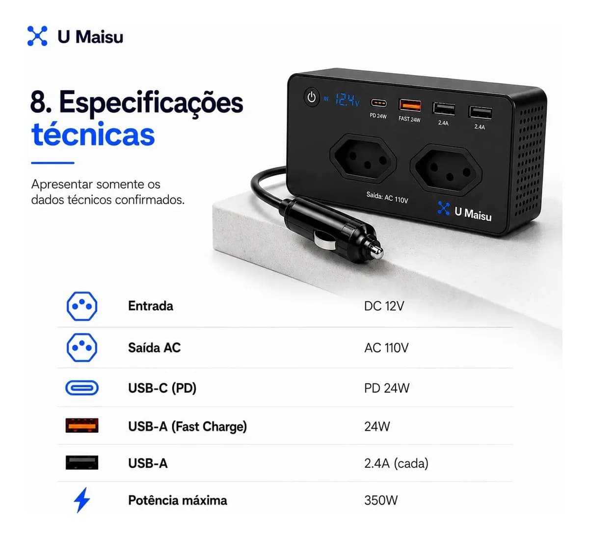 Inversor De Tensão Veicular 12v Para E 300w Automotivo Com Usb E Tomada Para Carro Starlink — imagem 5
