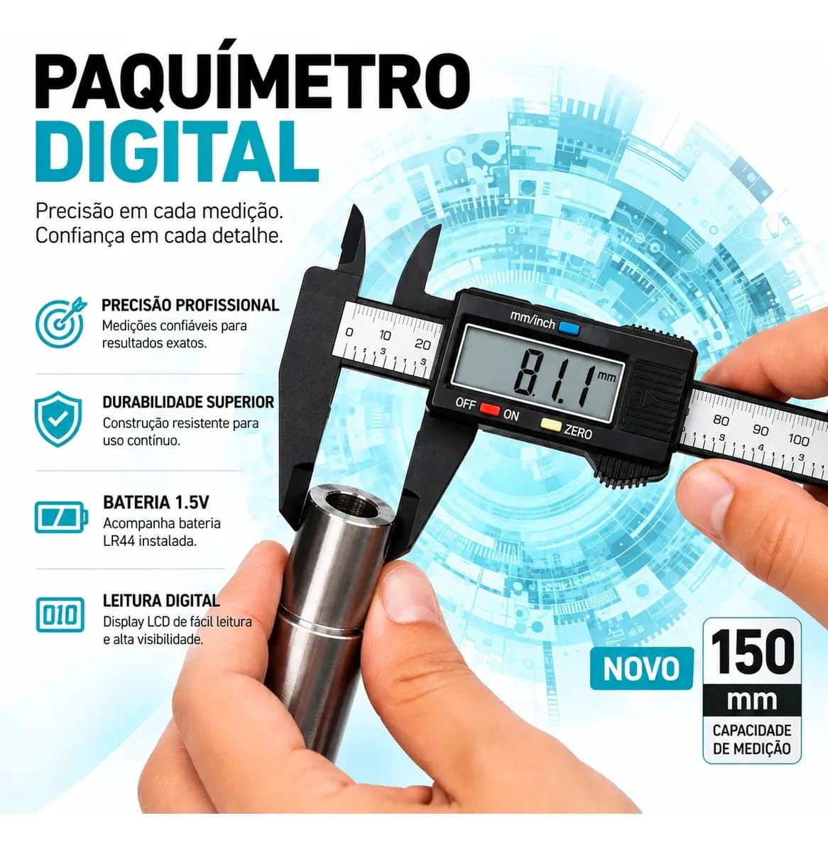 Paquímetro Digital De Alta Precisão Ferramenta De Medição Profissional 150mm (6 Polegadas) + 2 Baterias — imagem 2