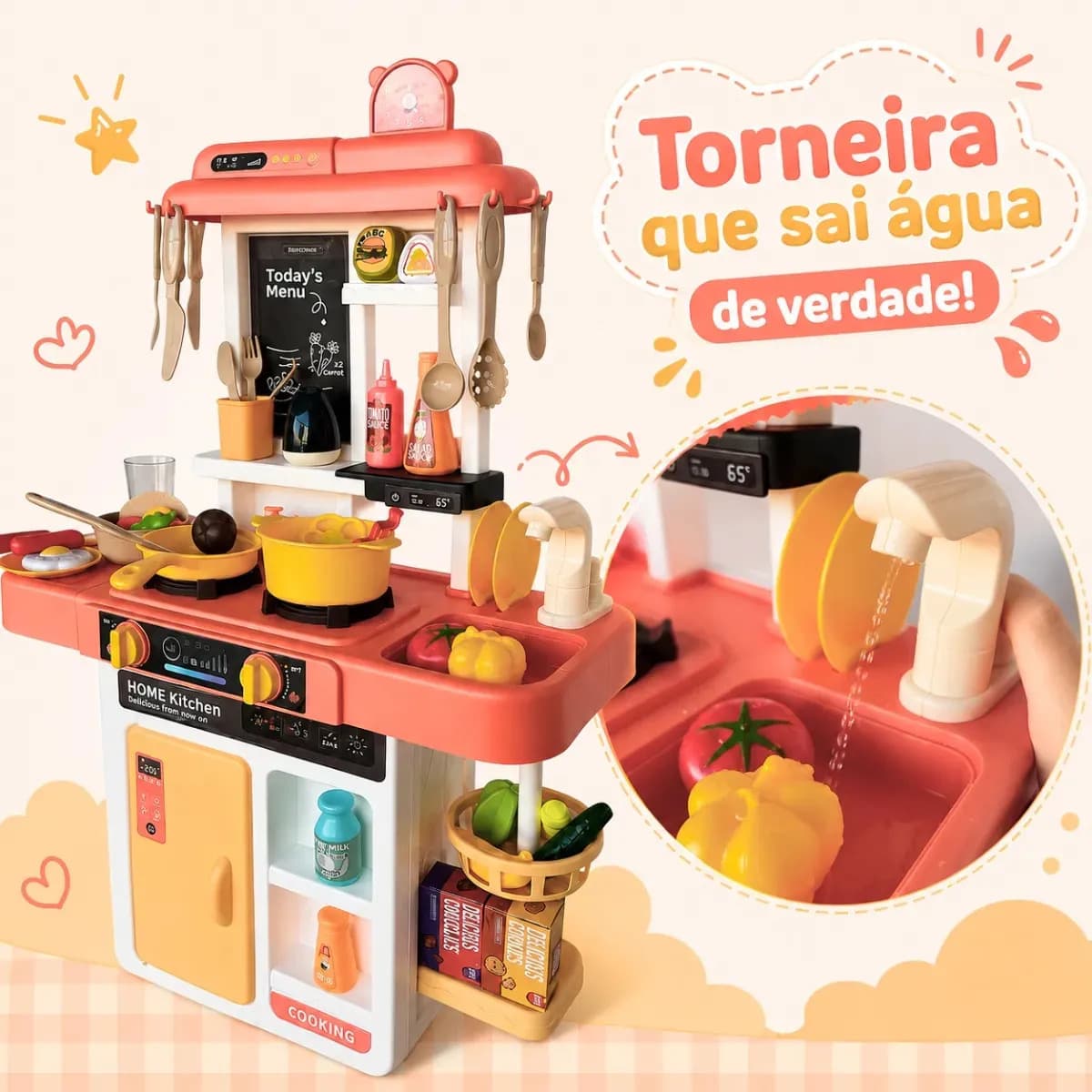 Cozinha De Brinquedo Infantil Com Acessórios Sai Água E Som Rosa — imagem 3