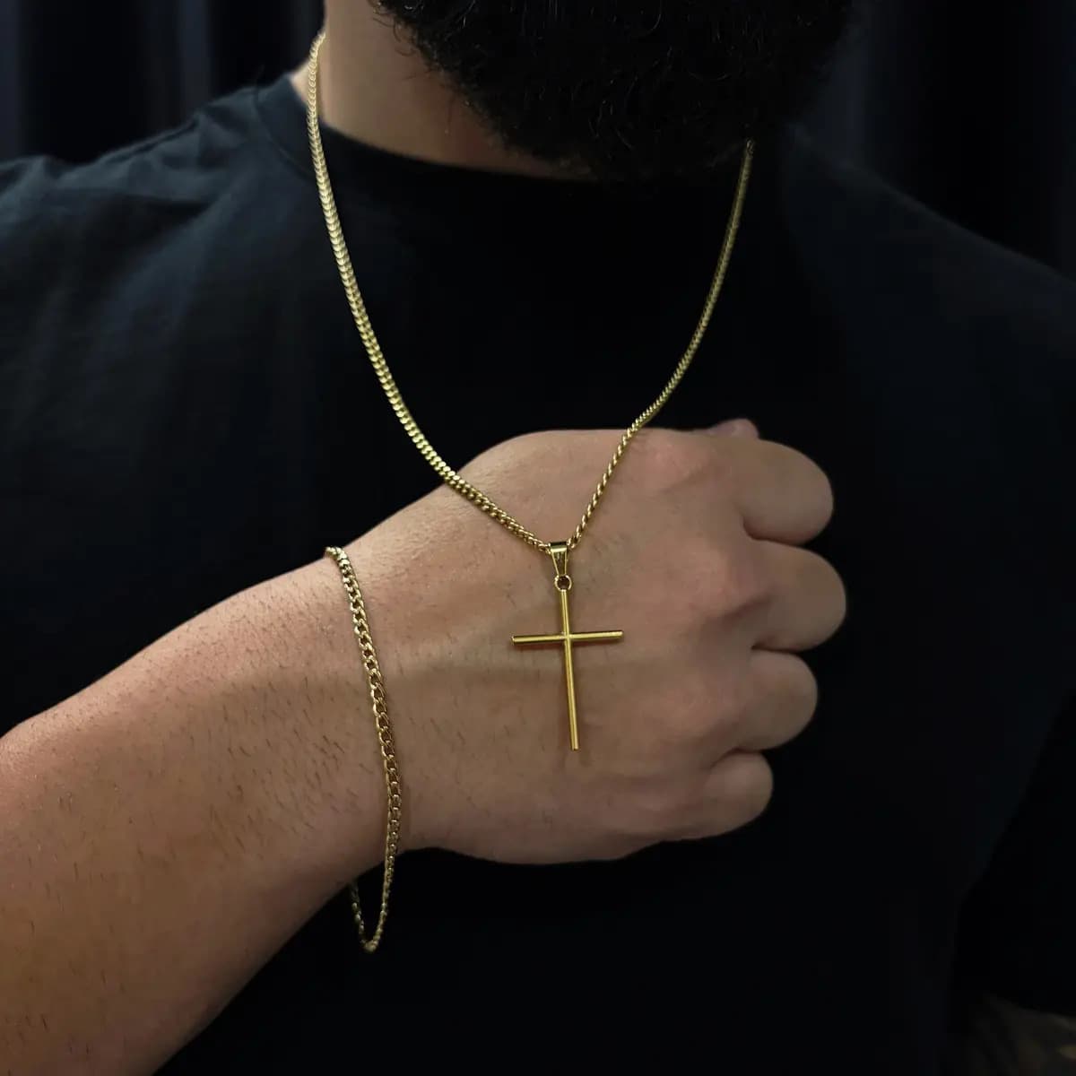 Corrente Cordão Masculino Aço Inox Banhado A Ouro 18k + Pulseira E Pingente Cruz Crucifixo Correntinha Masculina Grumet Gourmet 1x1 Banhada Escama De Peixe Esca — imagem 3
