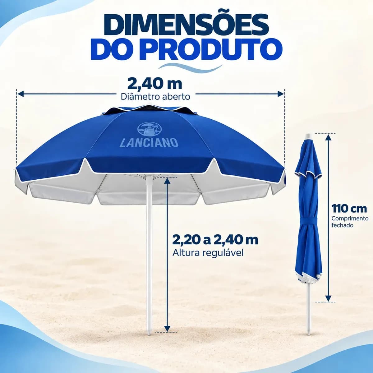 Guarda Sol Praia Grande Gigante 2,40m Proteção UV Corta Vento Respirável Altura Ajustável Verão Piscina Camping Pesca Cor Azul — imagem 5