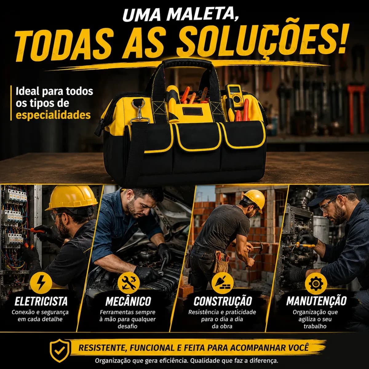 Bolsa Maleta Ferramentas 16 Bolsos 1 unidade Reforçada Impermeável Eletricista Mecânico Encanador Pedreiro Organizador Mala Fundo Rígido Profissional Meow — imagem 6