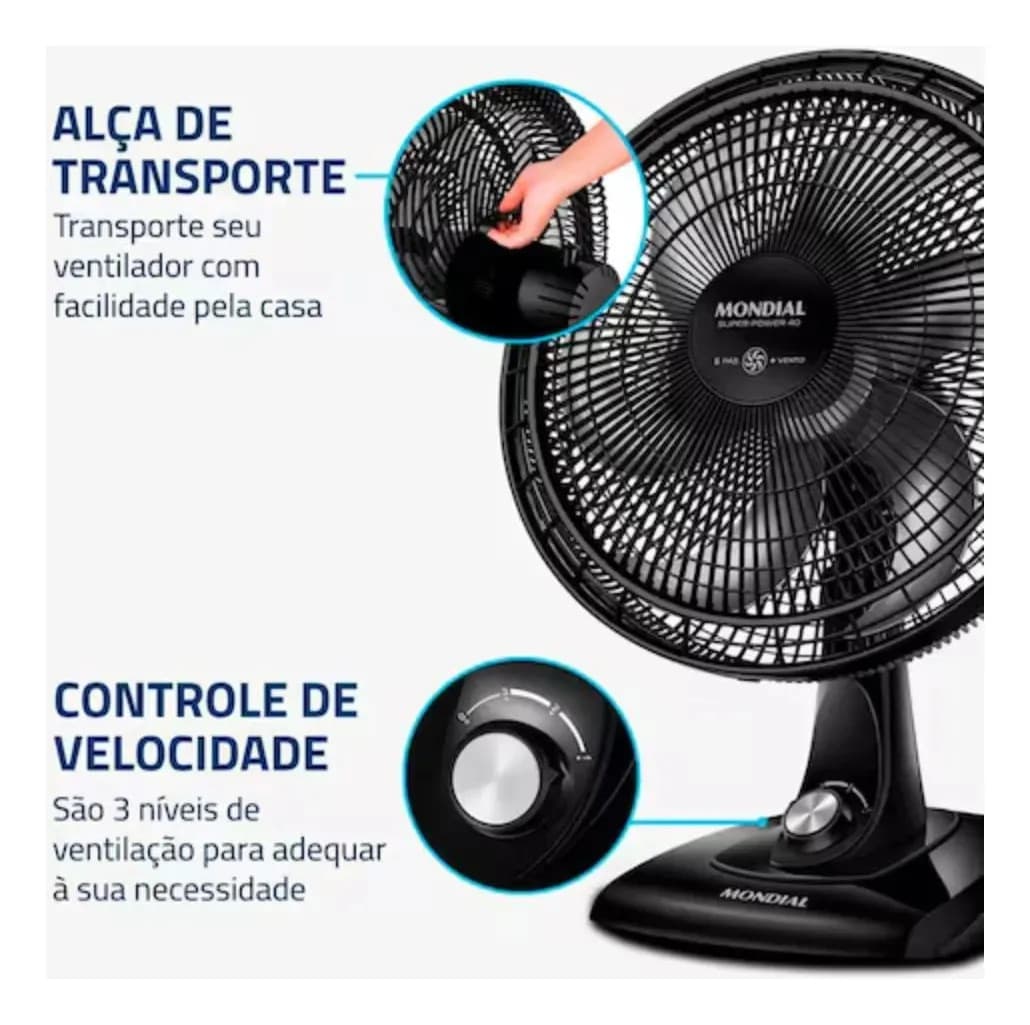 Ventilador de Mesa Mondial Super Power 40cm 6 Pás VSP-40-B 127V Preto/Cinza — imagem 3