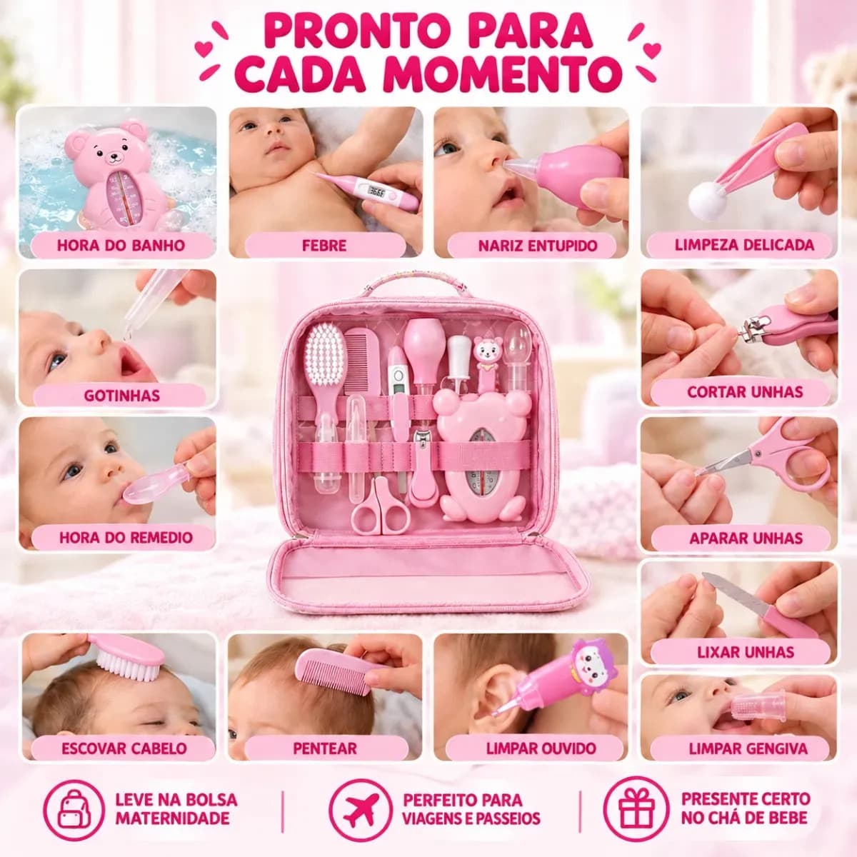 Kit Higiene Cuidados Bebê Rosa Recém Nascido Completo 13 Peças Bolsa Maternidade Termômetro Digital Aspirador Nasal Escova Pente Cortador De Unha Azul Menino Ch — imagem 3