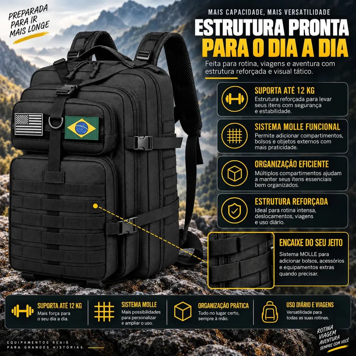 Mochila Tática Masculina Militar 50L Impermeável Reforçada Grande Molle Viagem Camping Trilha Airsoft Pesca Caça Forpak — imagem 2
