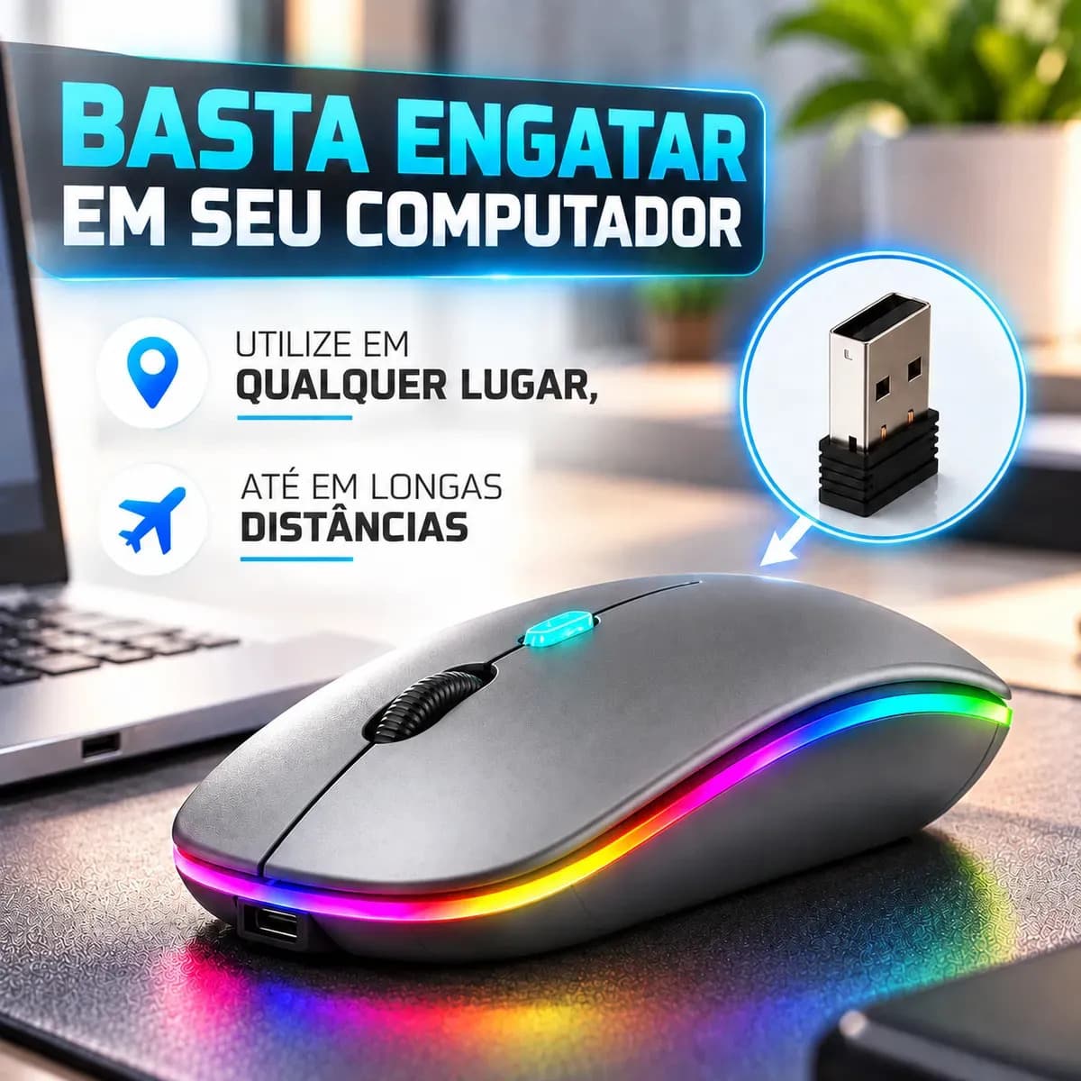 Mouse Sem Fio Recarregável Wireless Optico Led Rgb Ergonômico Sem Fio Para Pc Desktop Notebook Tablet Smartphone Cinza — imagem 3