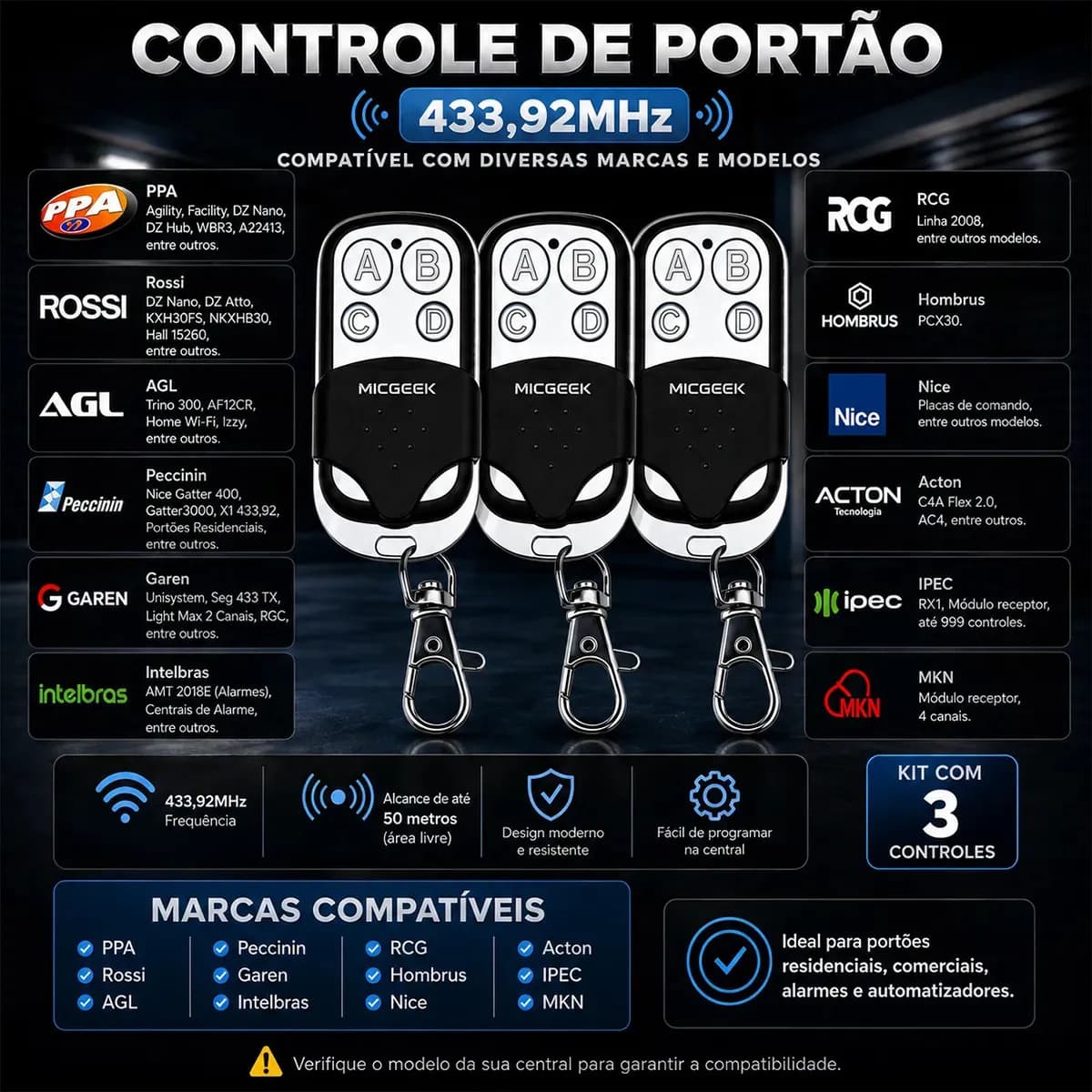 Kit 3 Controle Remoto Universal 4 Botões Para Portão Eletrônico Automatico Alarme Cerca Elétrica 433mhz Micgeek — imagem 2