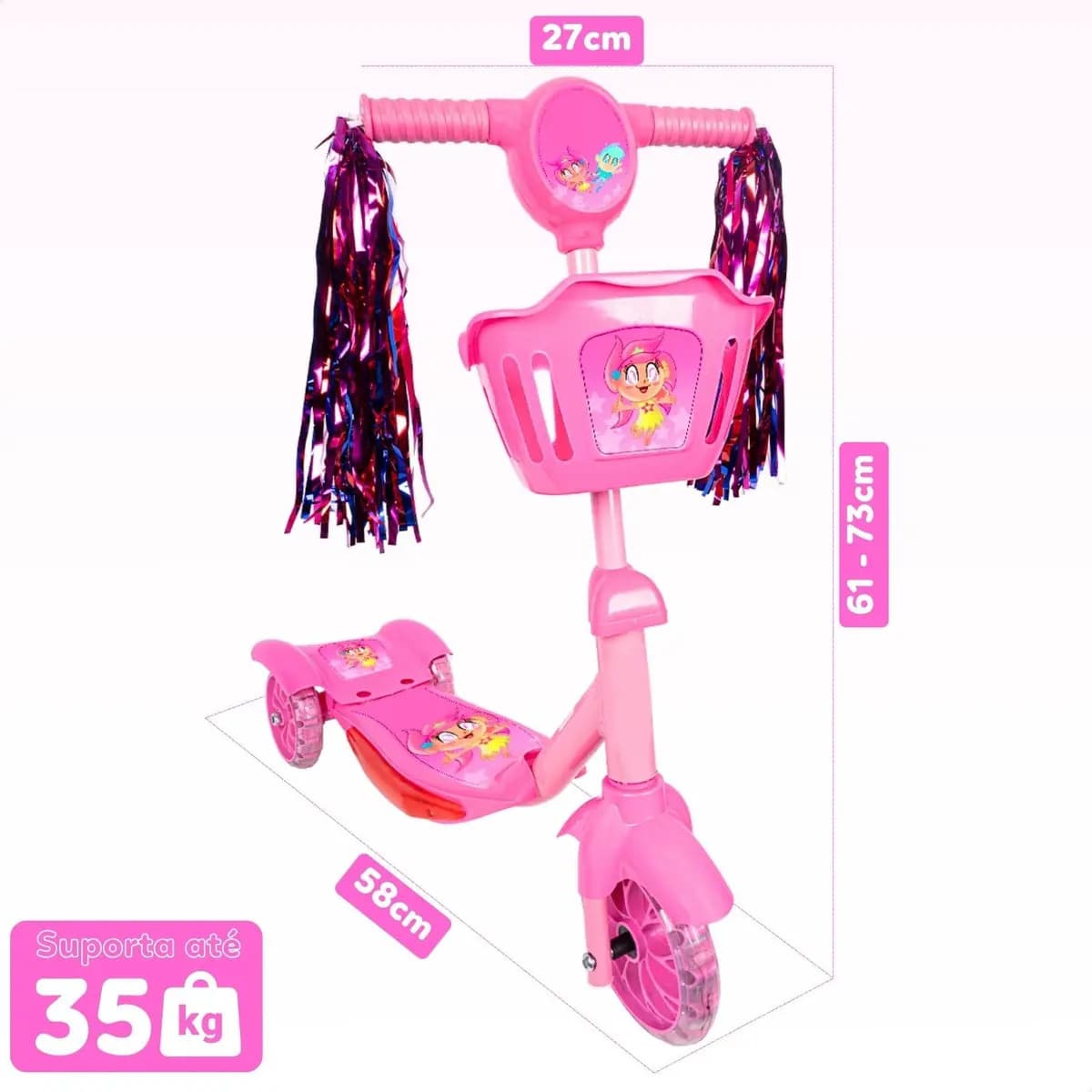Patinete Infantil 3 Rodas Com Led Som E Cesta Menino Menina Cor Rosa — imagem 2