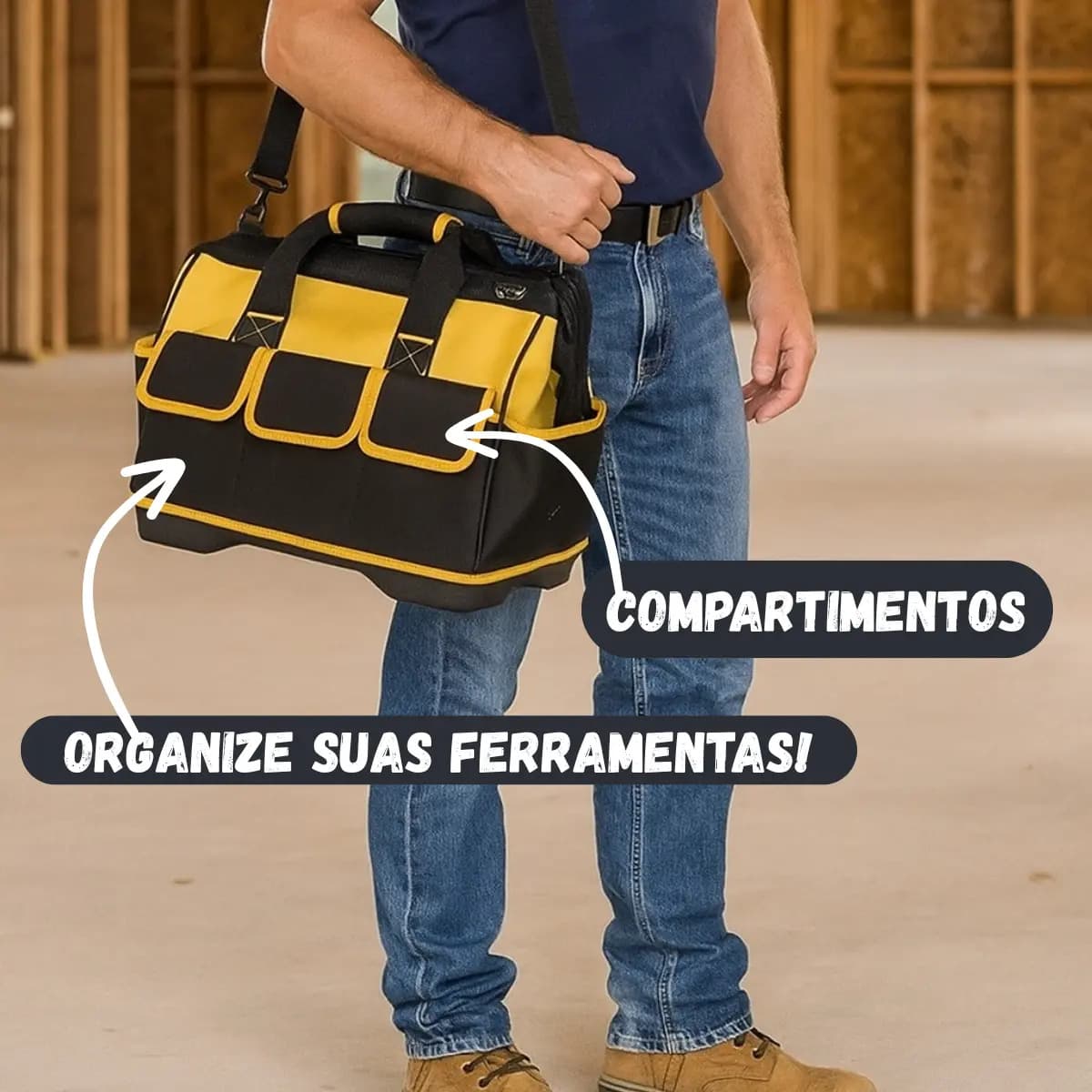 Bolsa Ferramentas Grande Reforçada Manutenção Eletricista Com Alça Amarela 16 Divisões Fundo Rígido — imagem 3