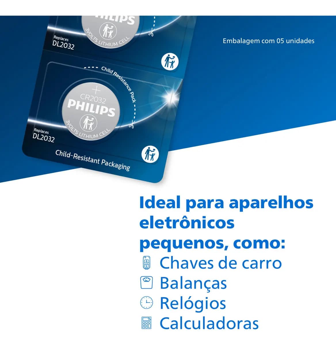 05 Baterias Pilha CR2032 3V Philips CR2032P5B/59 Moeda 1 Cartela — imagem 4