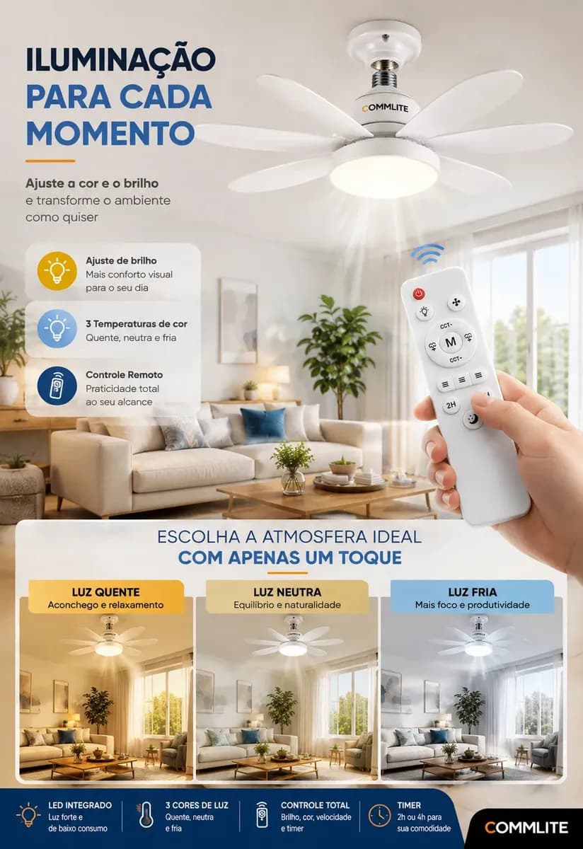 Ventilador de Teto 60W Silencioso Lâmpada Forte com LED, Controle e 6 Pás Soquete E27 Para Residencial Comercial Interno Externo Quarto Sala Cozinha Escritório  — imagem 4