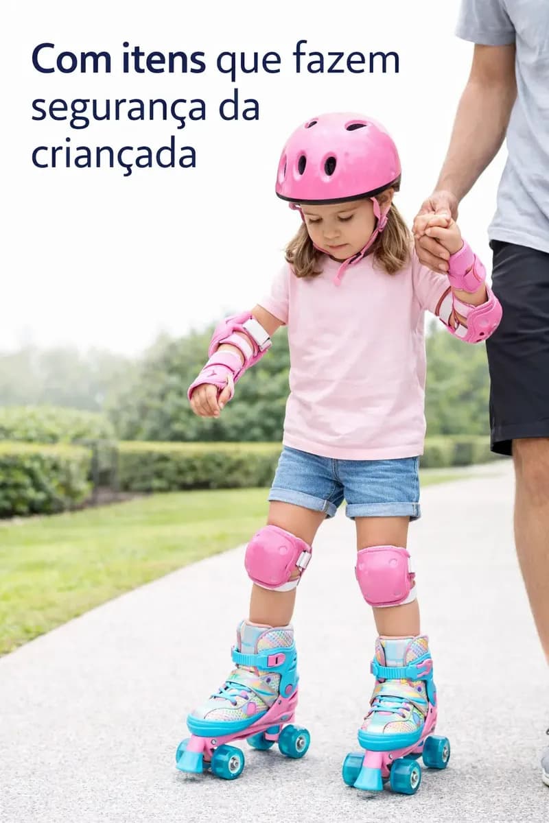 Roller Patins Infantil Rosa 4 Rodas + Kit Proteção Adulto 28-31 Ajustável Rosa/azul Celeste — imagem 5
