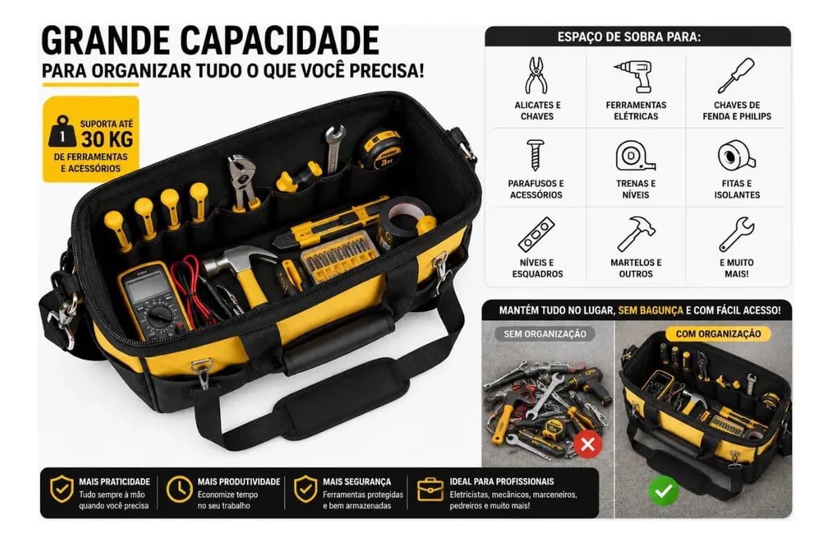 Bolsa Ferramentas Grande Reforçada Manutenção Eletricista Com Alça Laranja — imagem 6