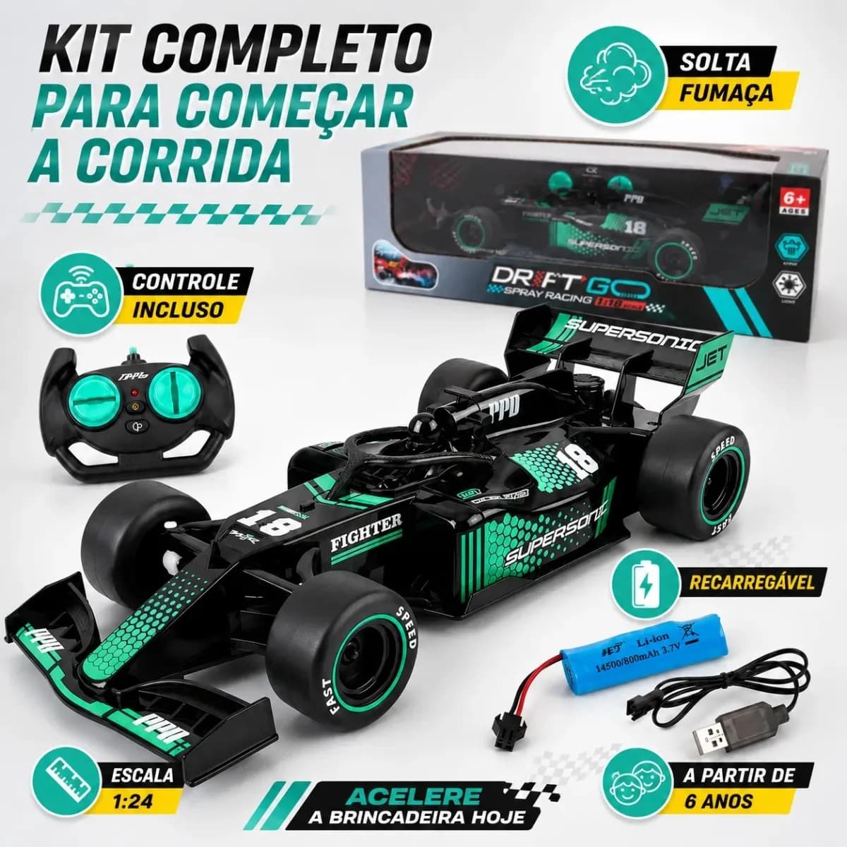 Carrinho de Formula 1 com Controle Remoto Atacarejo Kids Preto Verde Carrinho de Corrida Brinquedo para Menino — imagem 3