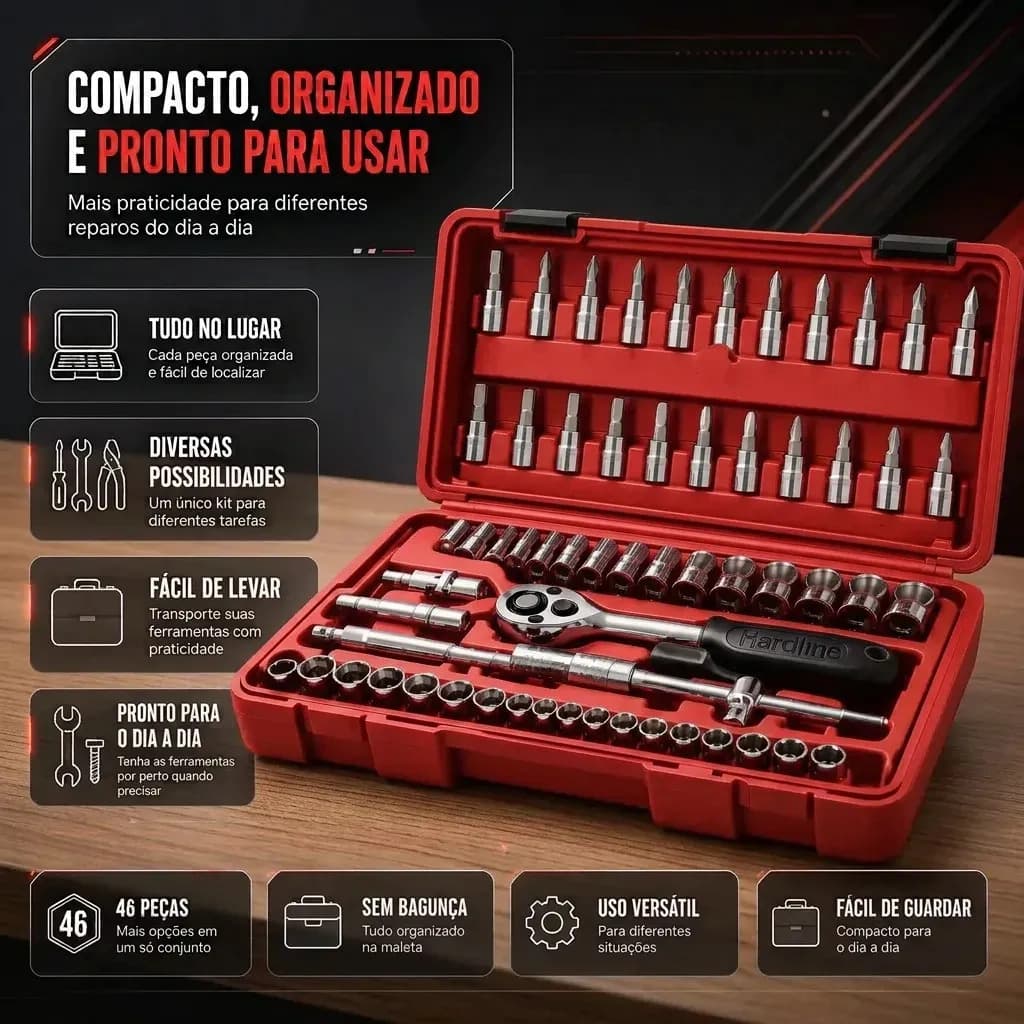 Kit Ferramentas 46 Peças Com Soquetes e Chaves Para Carro e Casa Hardline Vermelho — imagem 6