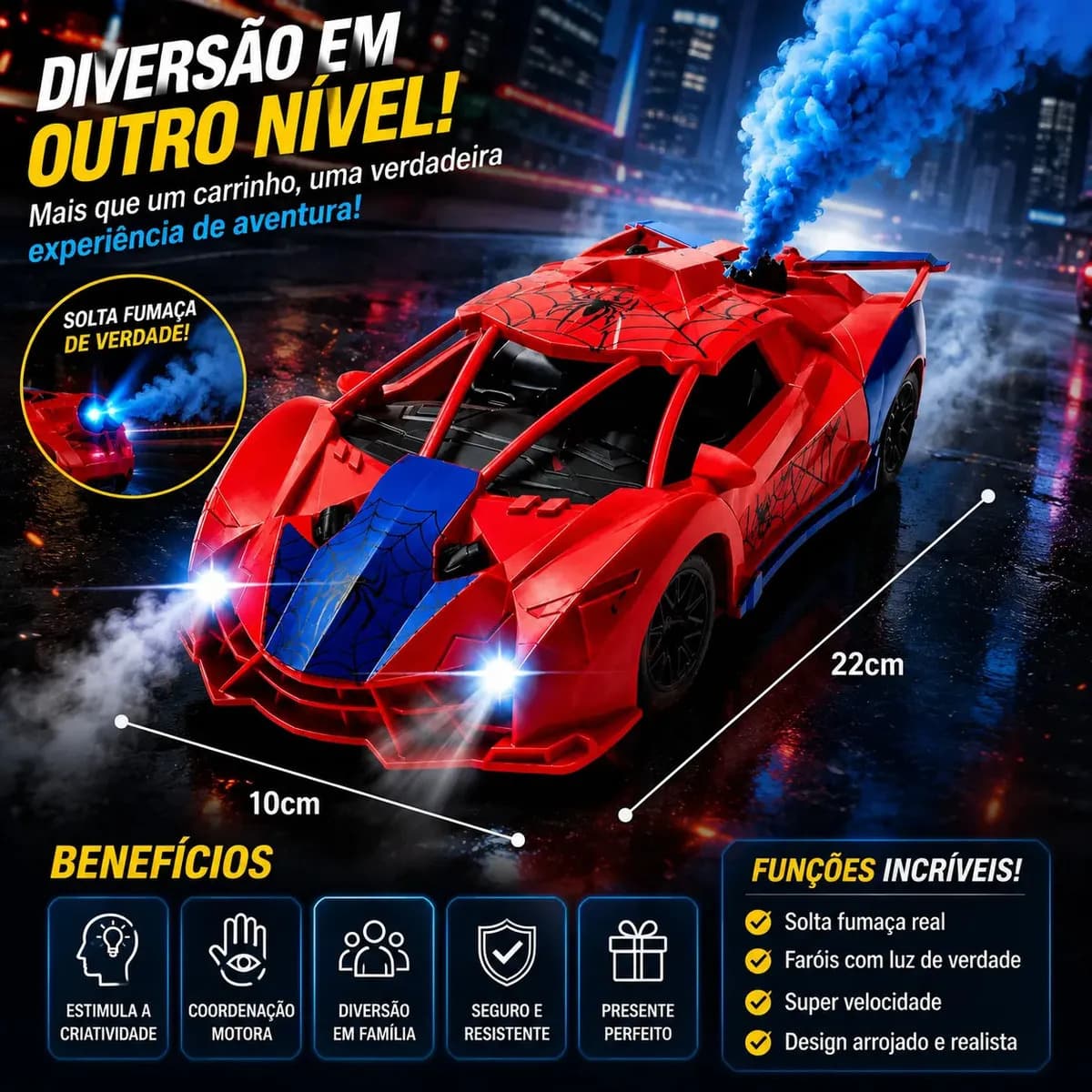 Carrinho de Controle Remoto Homem Aranha c/ Fumaça e Luz LED — imagem 5