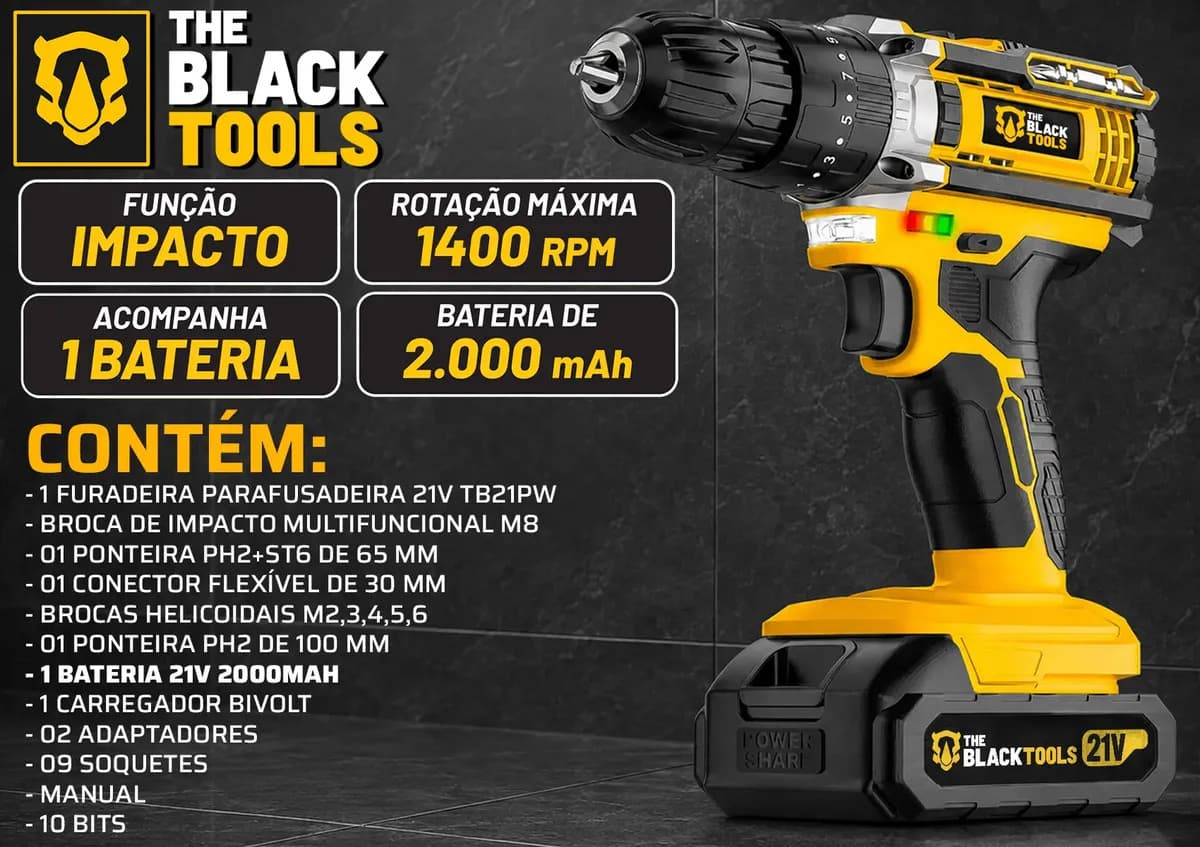 Parafusadeira E Furadeira Impacto The Black Tools Tb-21pw 3/8 Cor Amarelo Frequência 50/60 Hz — imagem 3