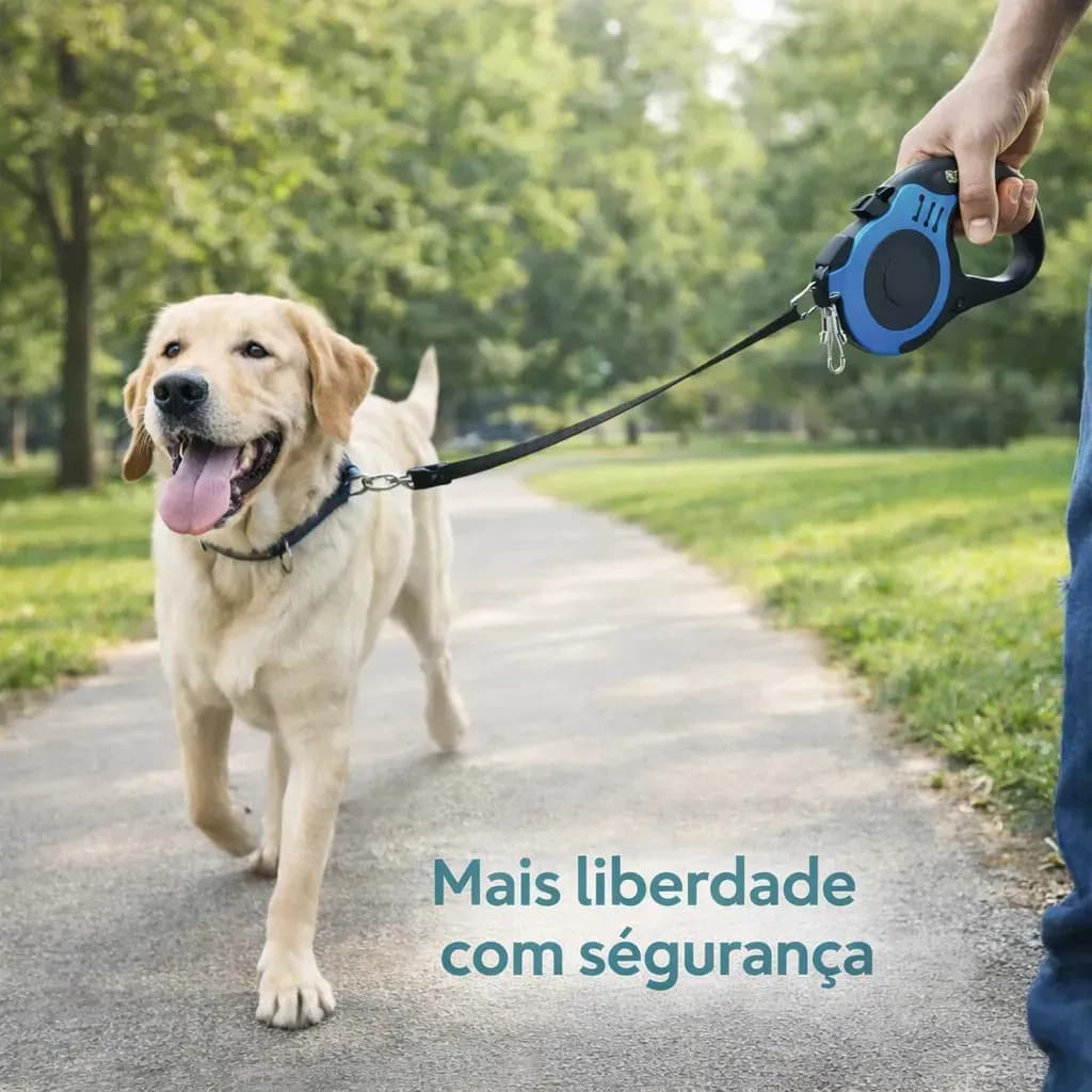 Guia Retrátil para Cães e Gatos de Náilon com Trava de Segurança Reforçada 5 Metros Azul Donna Bolsas — imagem 5
