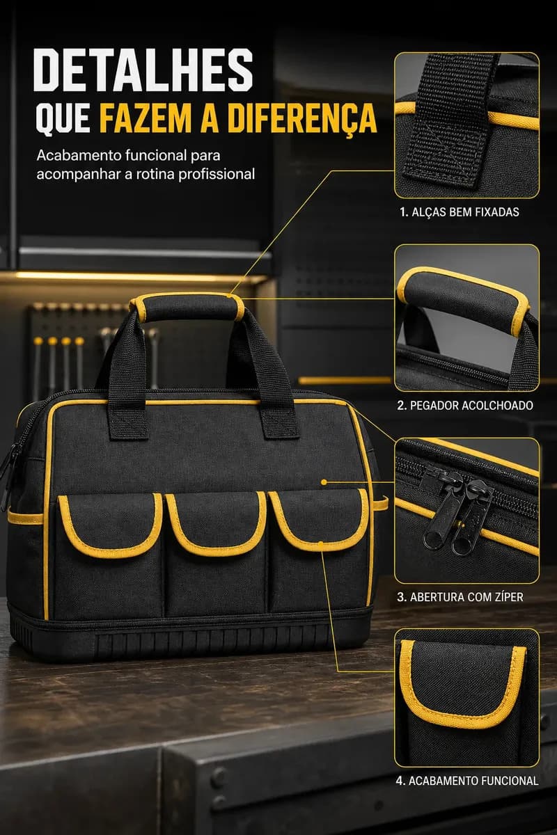 Bolsa Maleta de Ferramentas 14 Pol Grande e Reforçada 16 Bolsos, 8 Internos e 8 Externos, Base Rígida e Alça Removível para Eletricista e Profissionais Preto e  — imagem 6