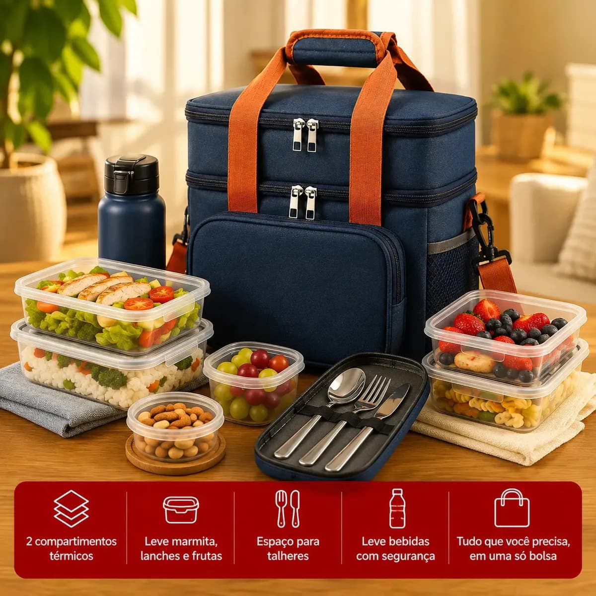 Bolsa Térmica Marmita Lancheira Alça Transversal Ajustável Removível 2 Compartimentos Organiza Conserva Seus Alimentos Quente ou Frio Cor Preto Tche Amo — imagem 6